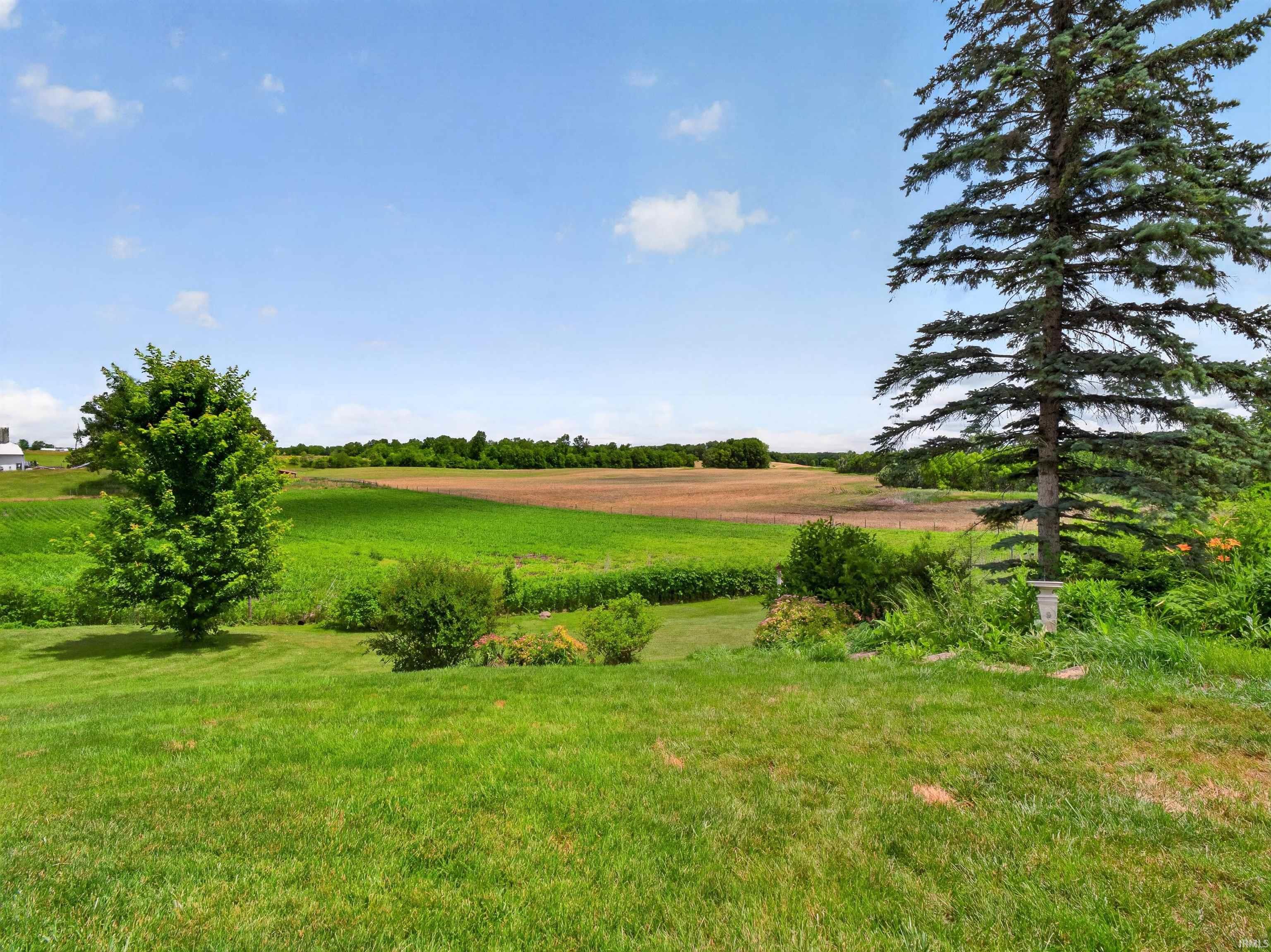 Expansive green lawn with a variety of mature trees and landscaping