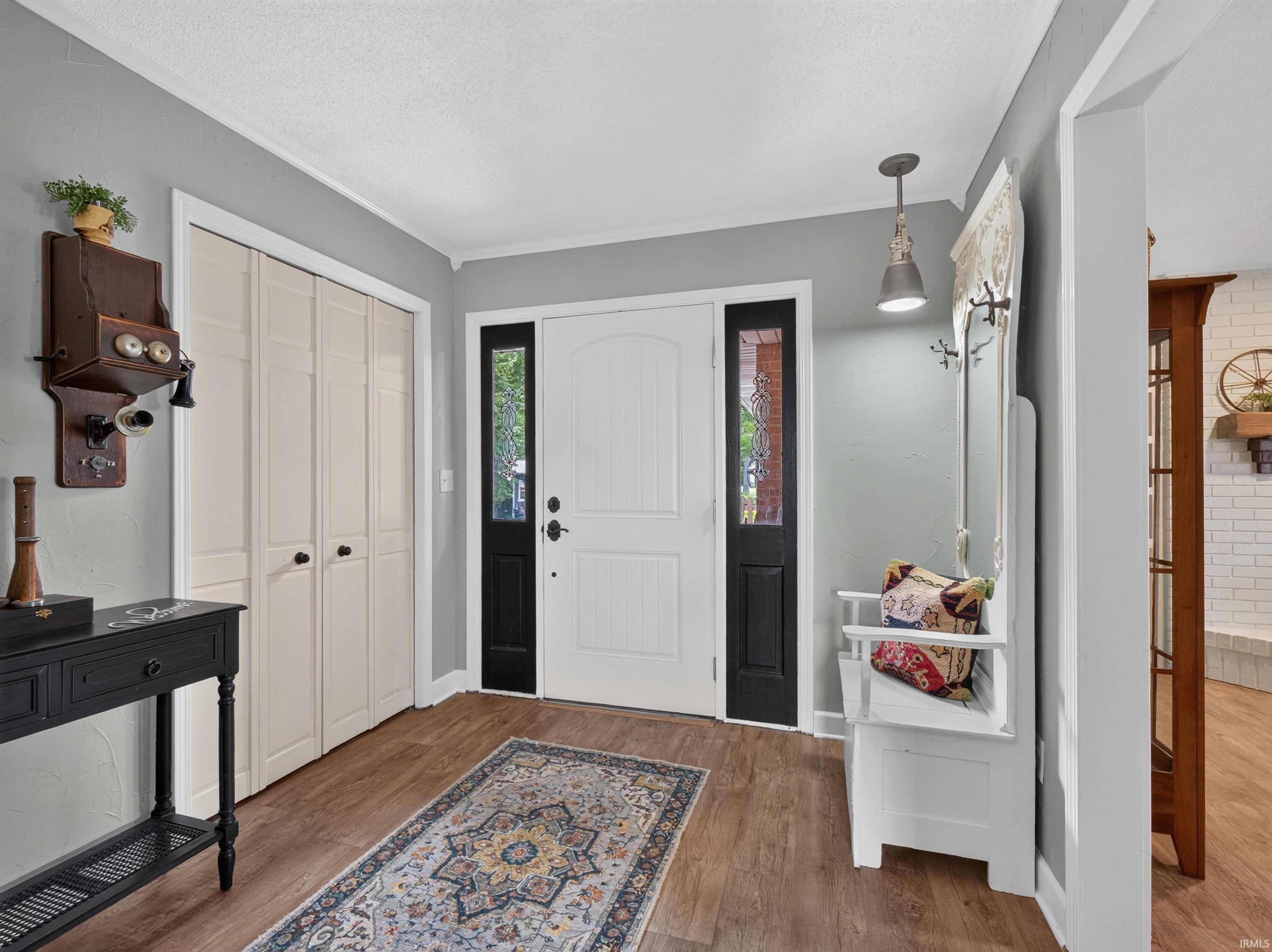 Entryway featuring wood-finish flooring and a white paneled front door with sidelights