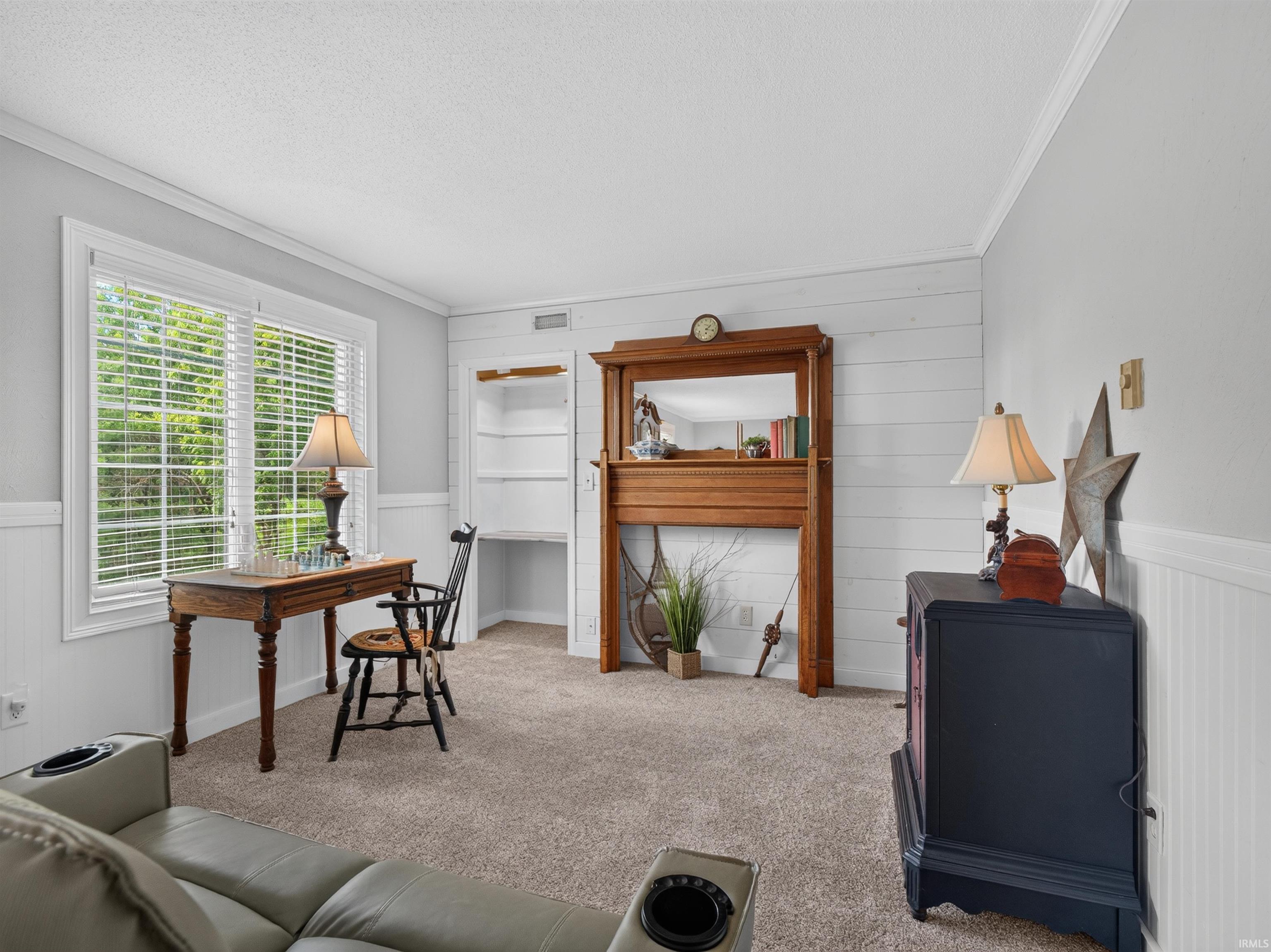 Carpeted interior space featuring a large window, white blinds, crown molding, and wainscoting