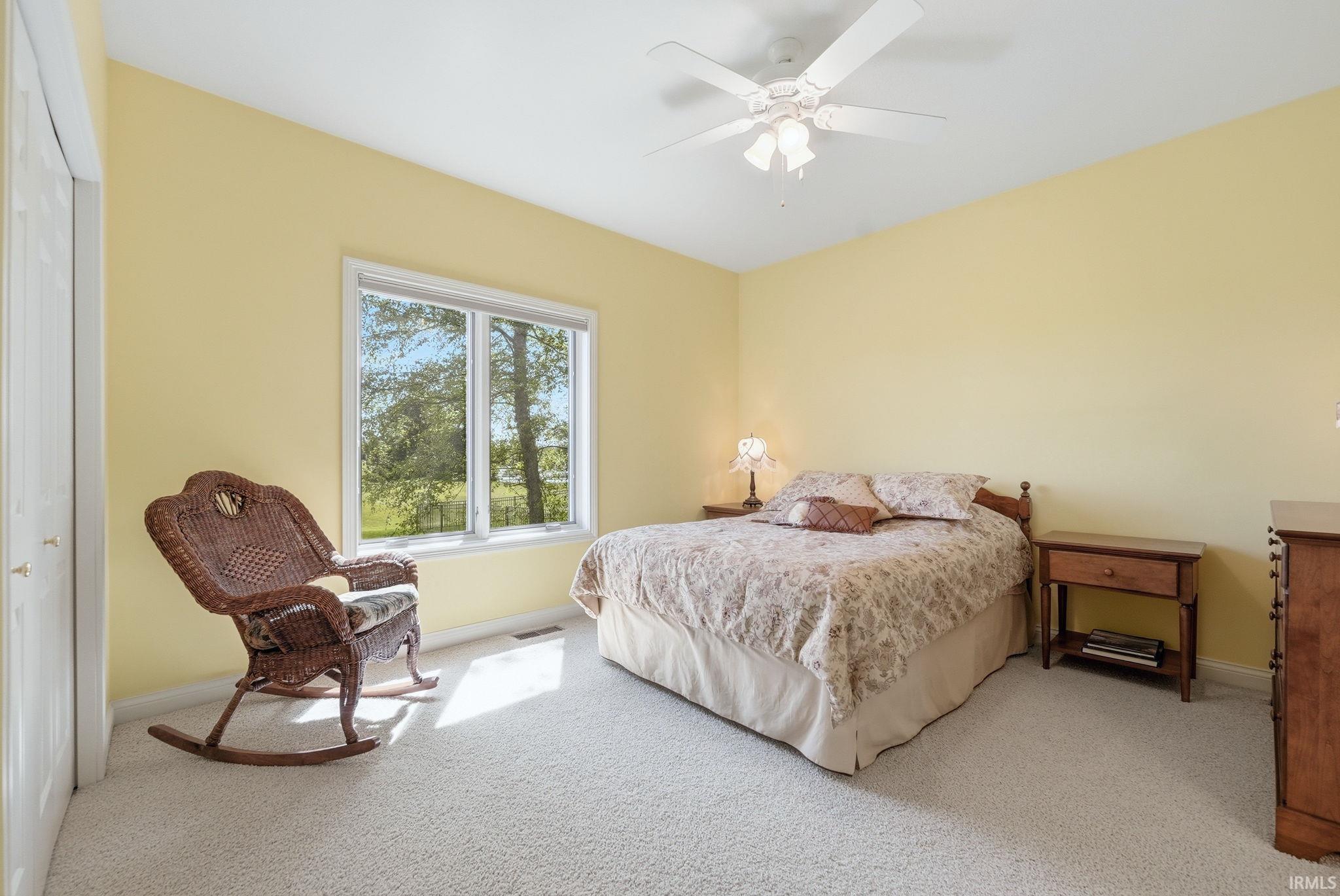 Light-filled room featuring a large window, neutral carpeting, a ceiling fan with integrated lighting, and painted walls