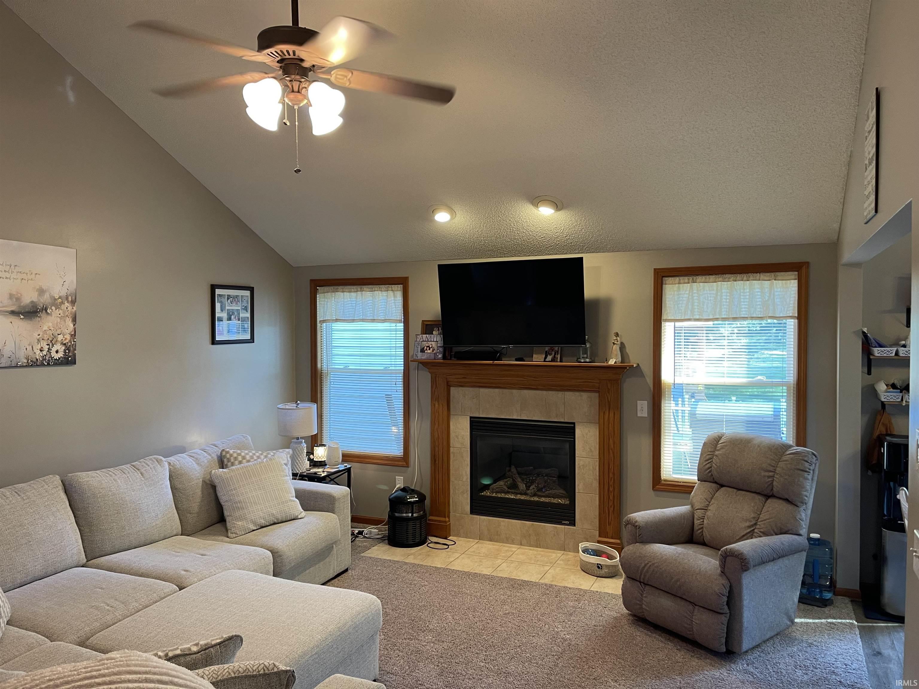 Living area with vaulted ceiling and ceiling fan
