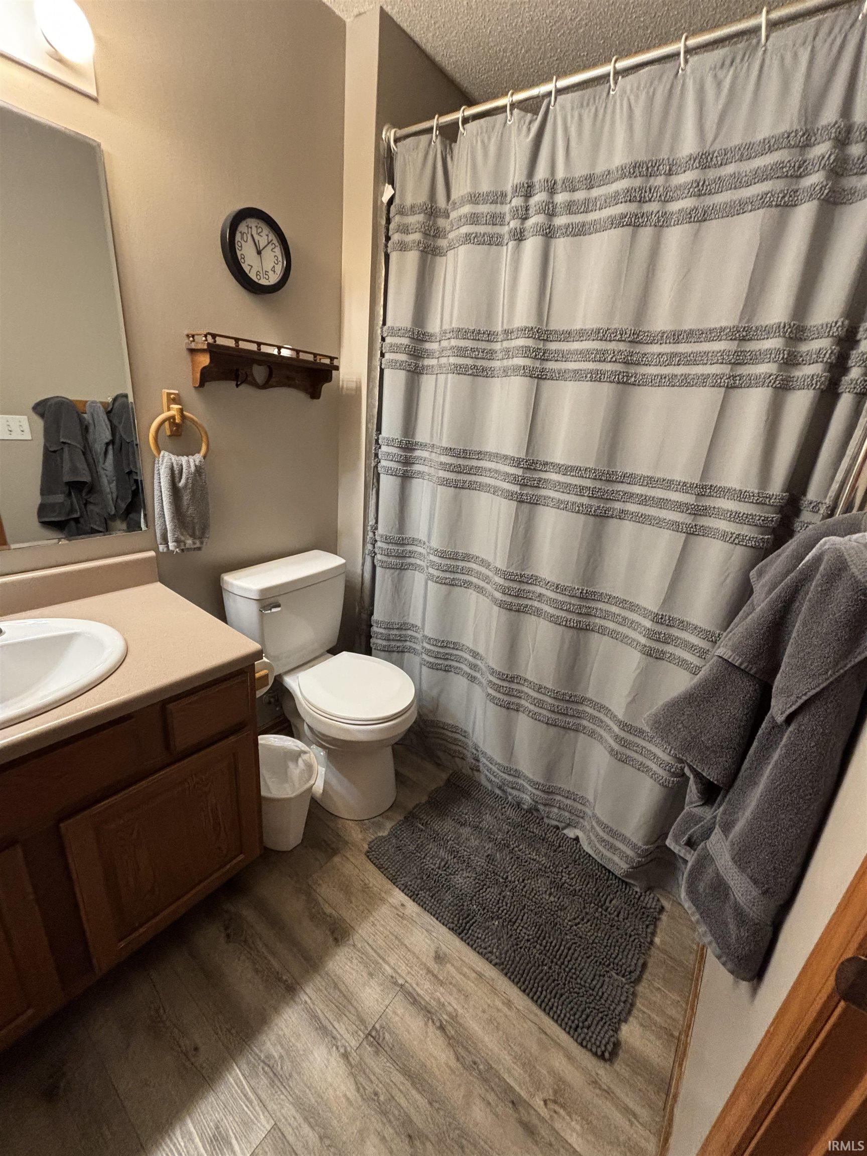 Bathroom featuring a built-in vanity with a countertop and undermount sink, wood-finish flooring, and a shower with a privacy curtain