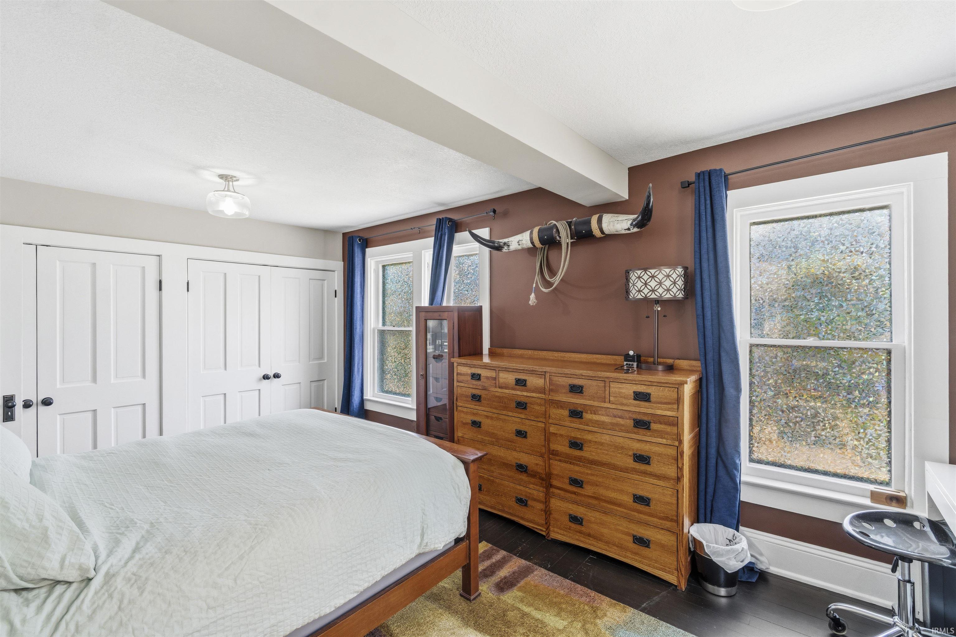 Dual pane windows with white trim, dark wood-finish flooring, and a white ceiling light fixture