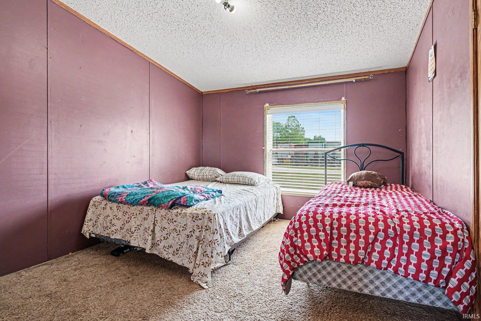 Room featuring textured wall panels with wood trim, carpet flooring, and a window with horizontal blinds
