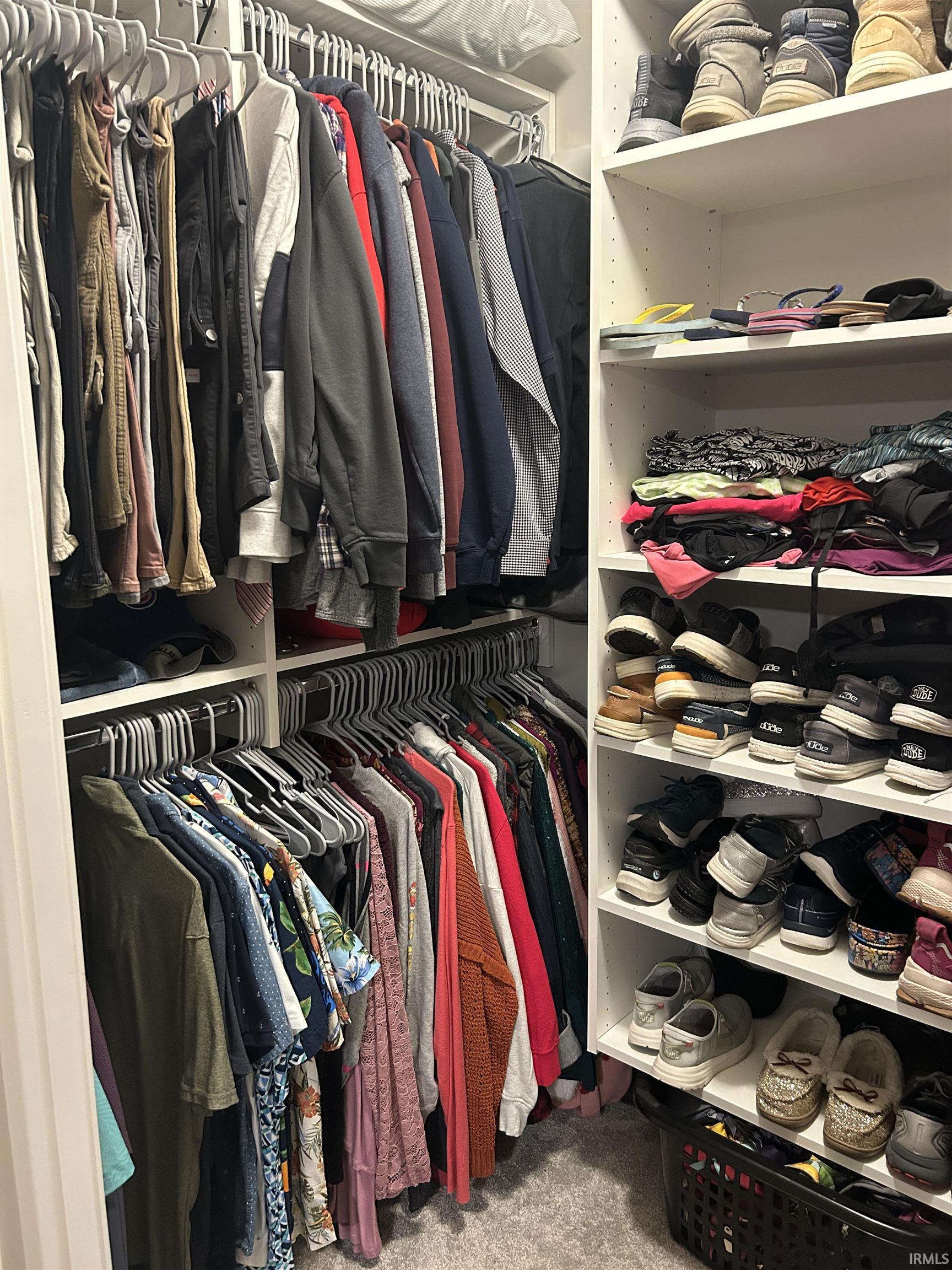 Walk-in closet featuring built-in white shelving, multiple hanging rods, and light gray carpeting