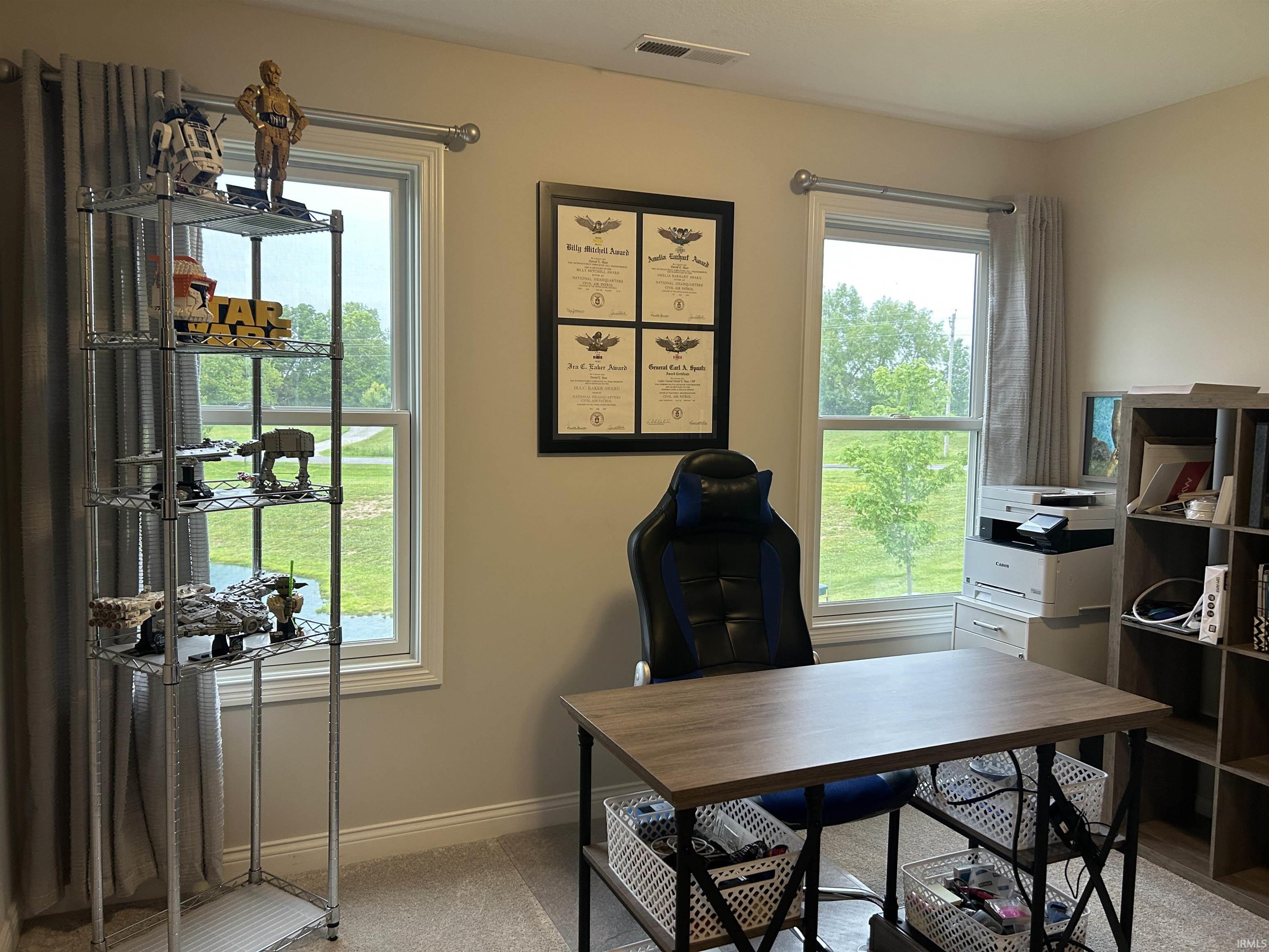 Bright room featuring two large windows, light neutral wall paint, and gray carpet