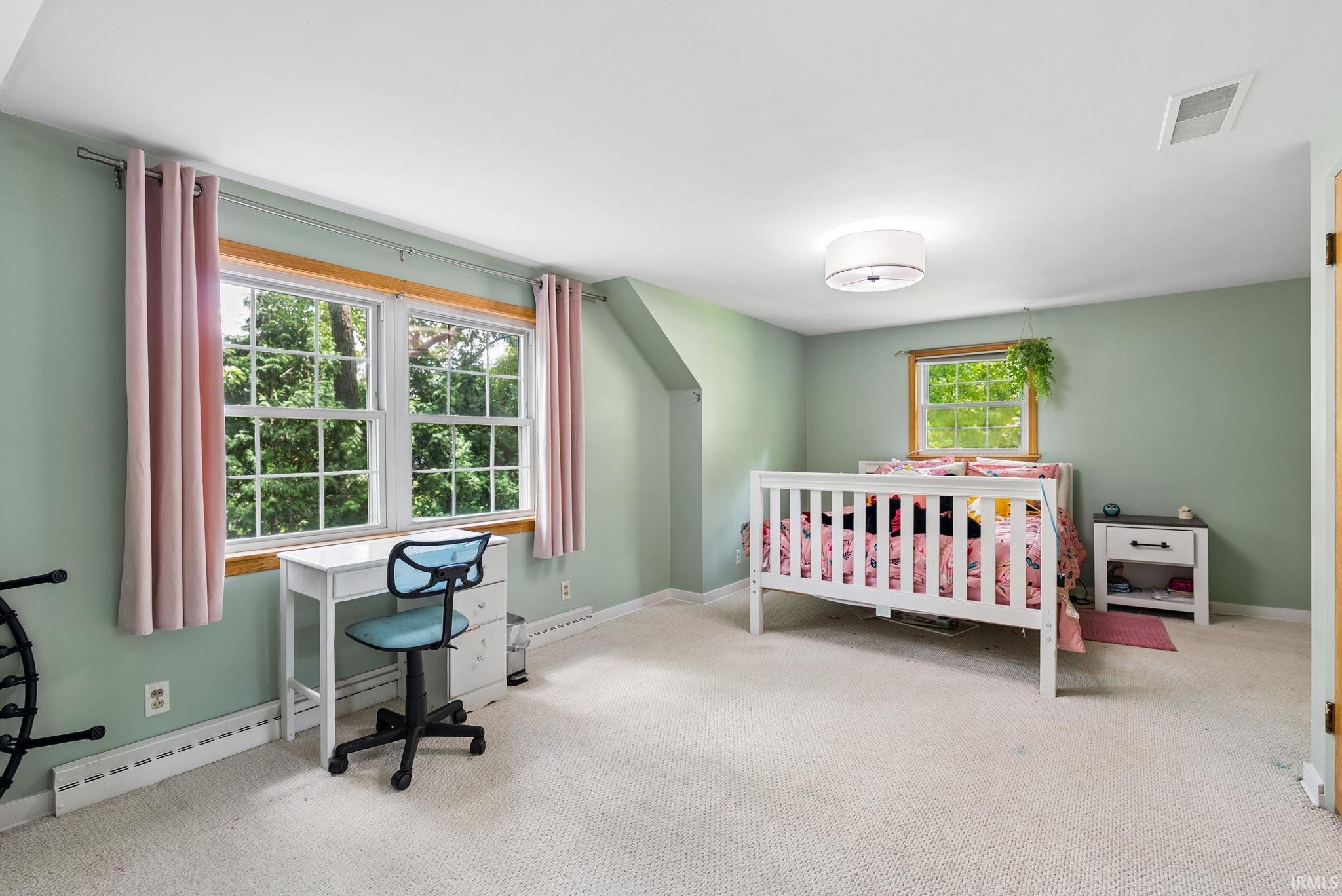 Carpeted room featuring multiple windows with grid patterns, light green wall paint, and a semi-flush mount ceiling light