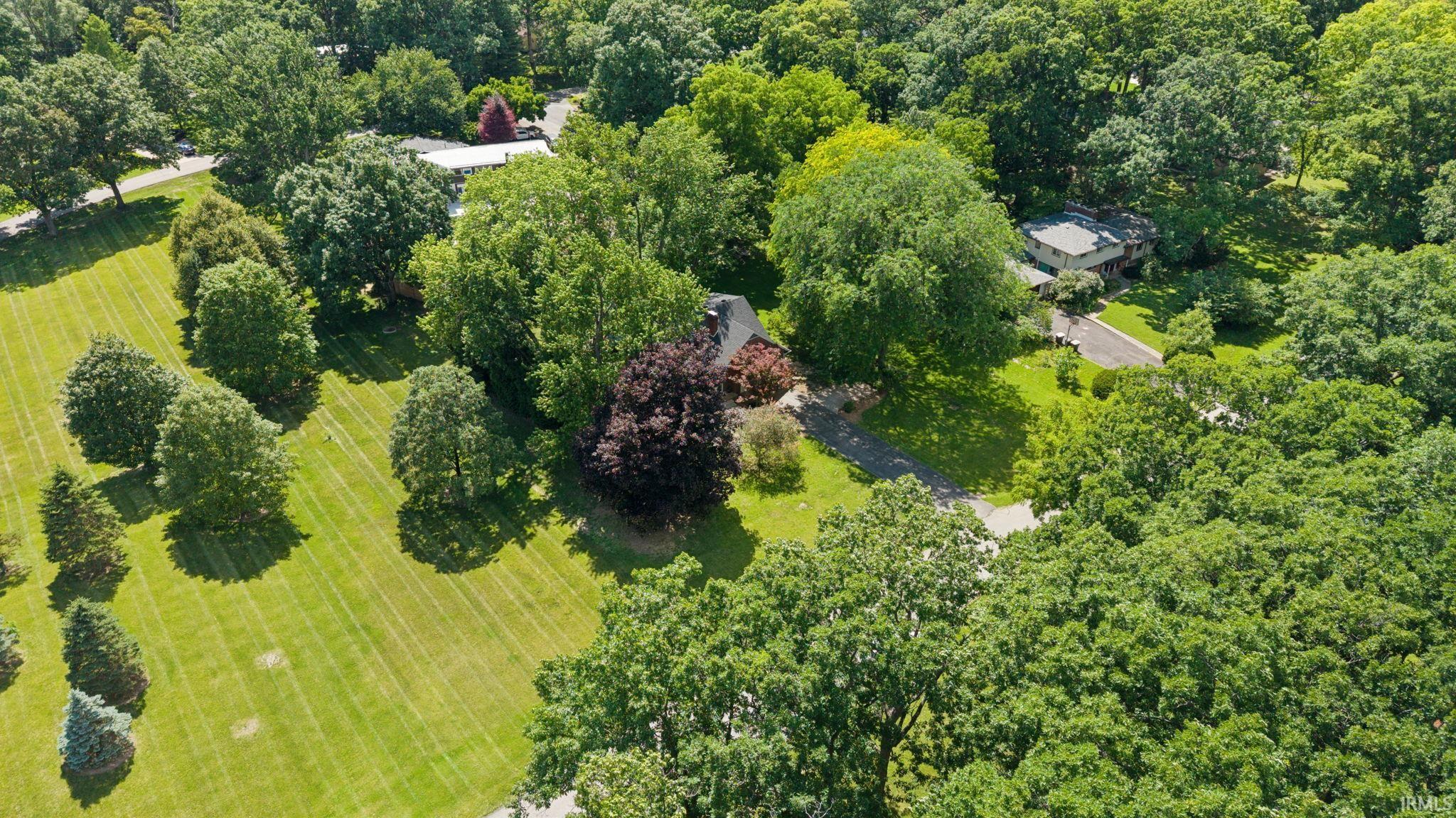 Expansive green grounds featuring numerous mature trees and a paved driveway leading to the residence