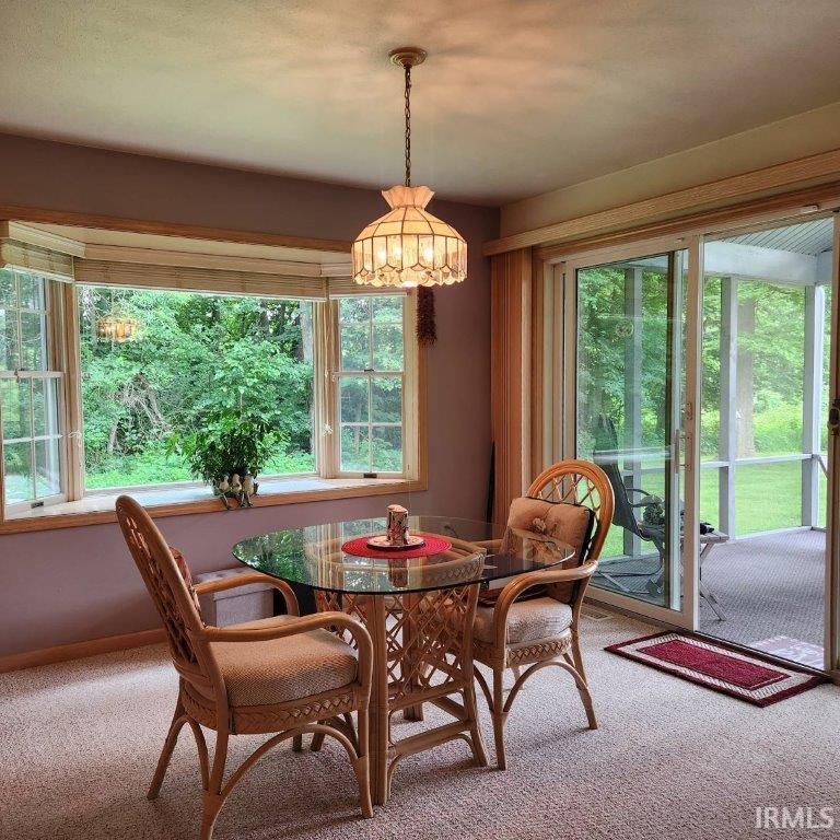 Bay window with natural wood trim, overhead pendant lighting fixture, sliding glass door, and wall-to-wall carpeting