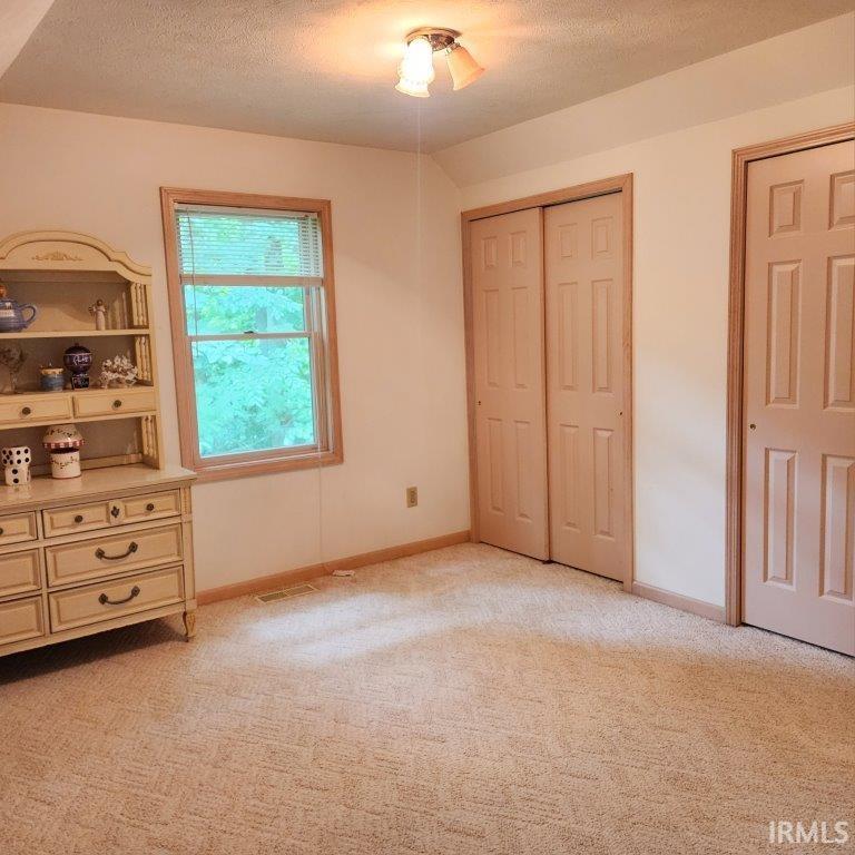 Carpeted room featuring a window with natural wood trim, two closets with bi-fold doors, and a ceiling-mounted light fixture