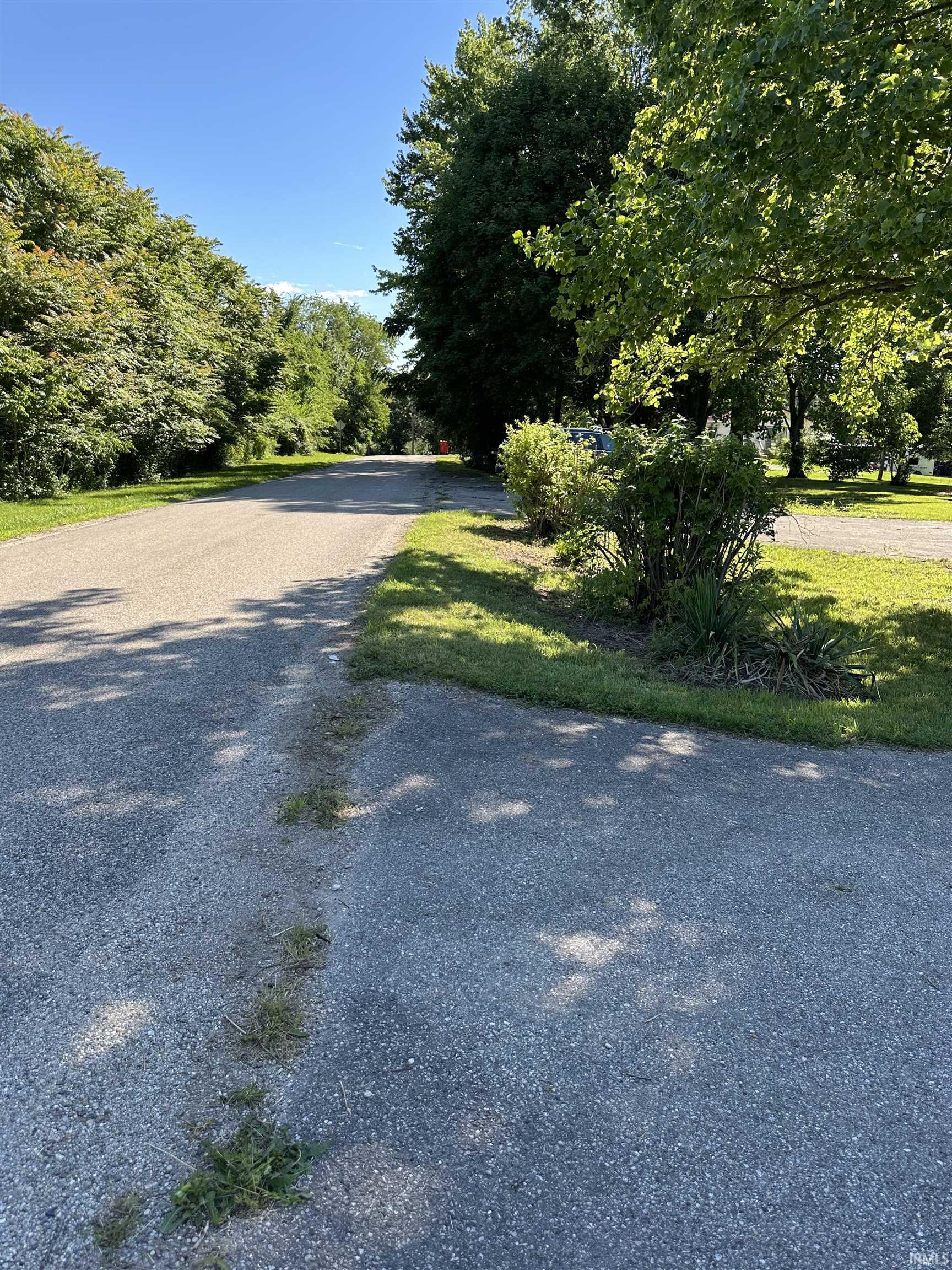 Paved driveway with bordering green grass and mature trees