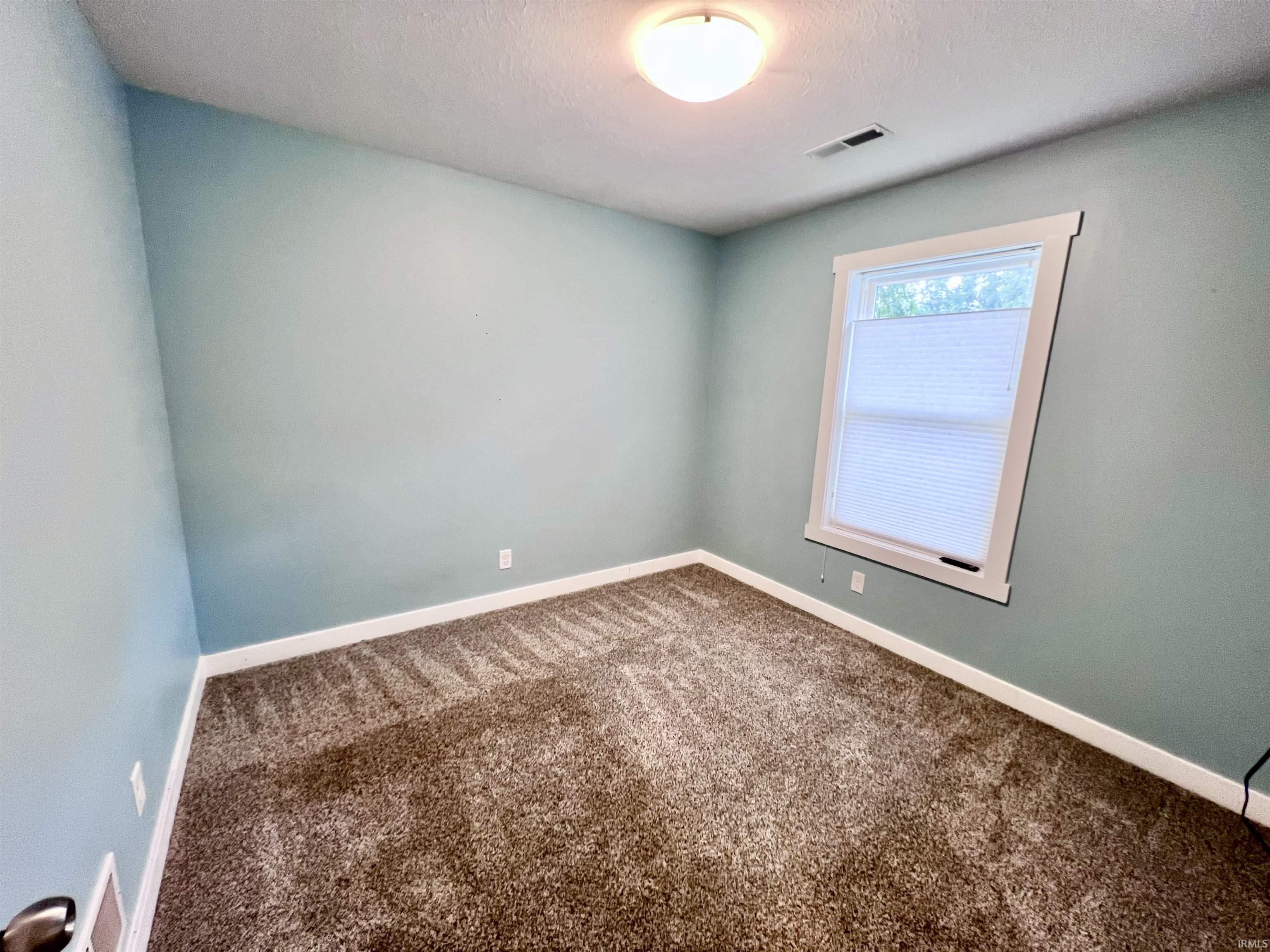 Bright secondary bedroom featuring neutral paint finish, expansive carpeting, and natural light from a large window with white trim