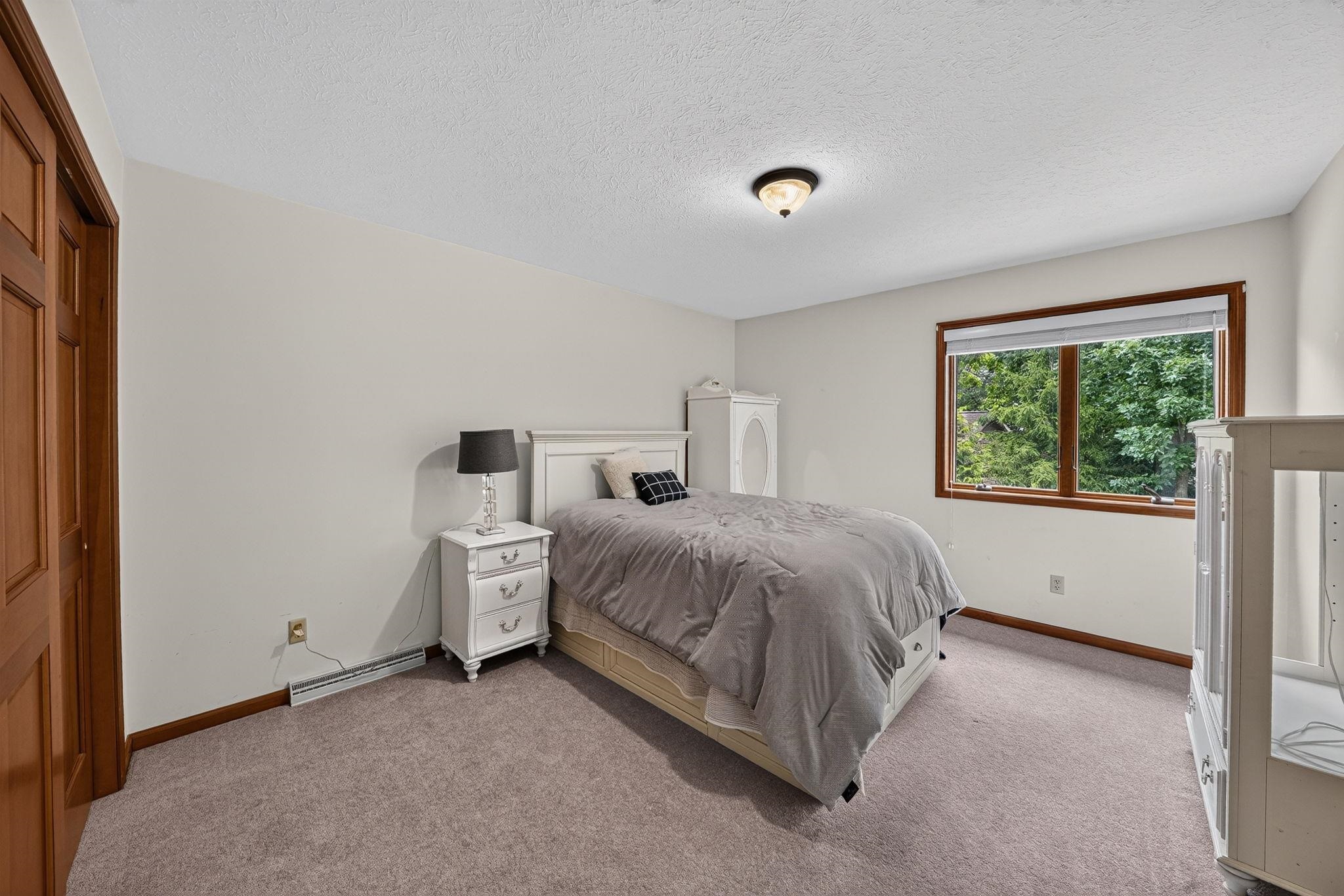 Carpeted room featuring a large window with wood trim, offering a backdrop of mature trees