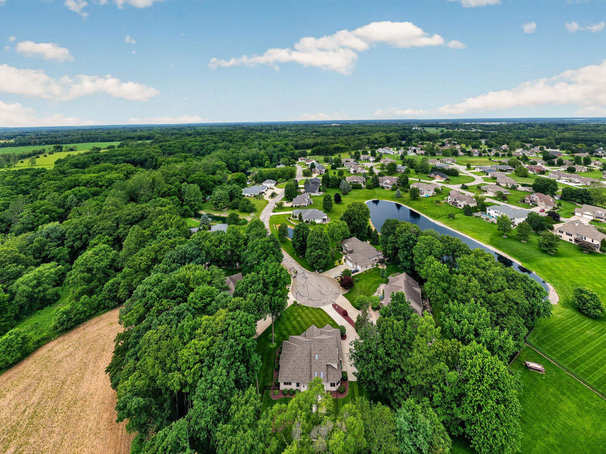 Expansive overhead capture showcasing a residential area bordered by mature trees and open fields