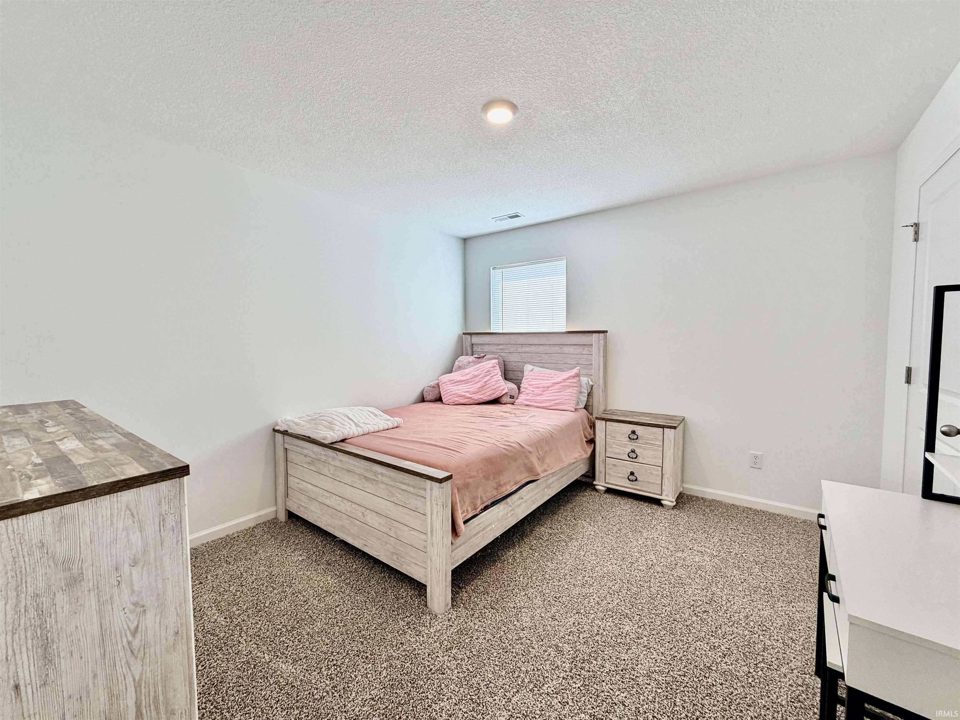 Spacious room featuring neutral carpeting, white walls, and a single ceiling light fixture