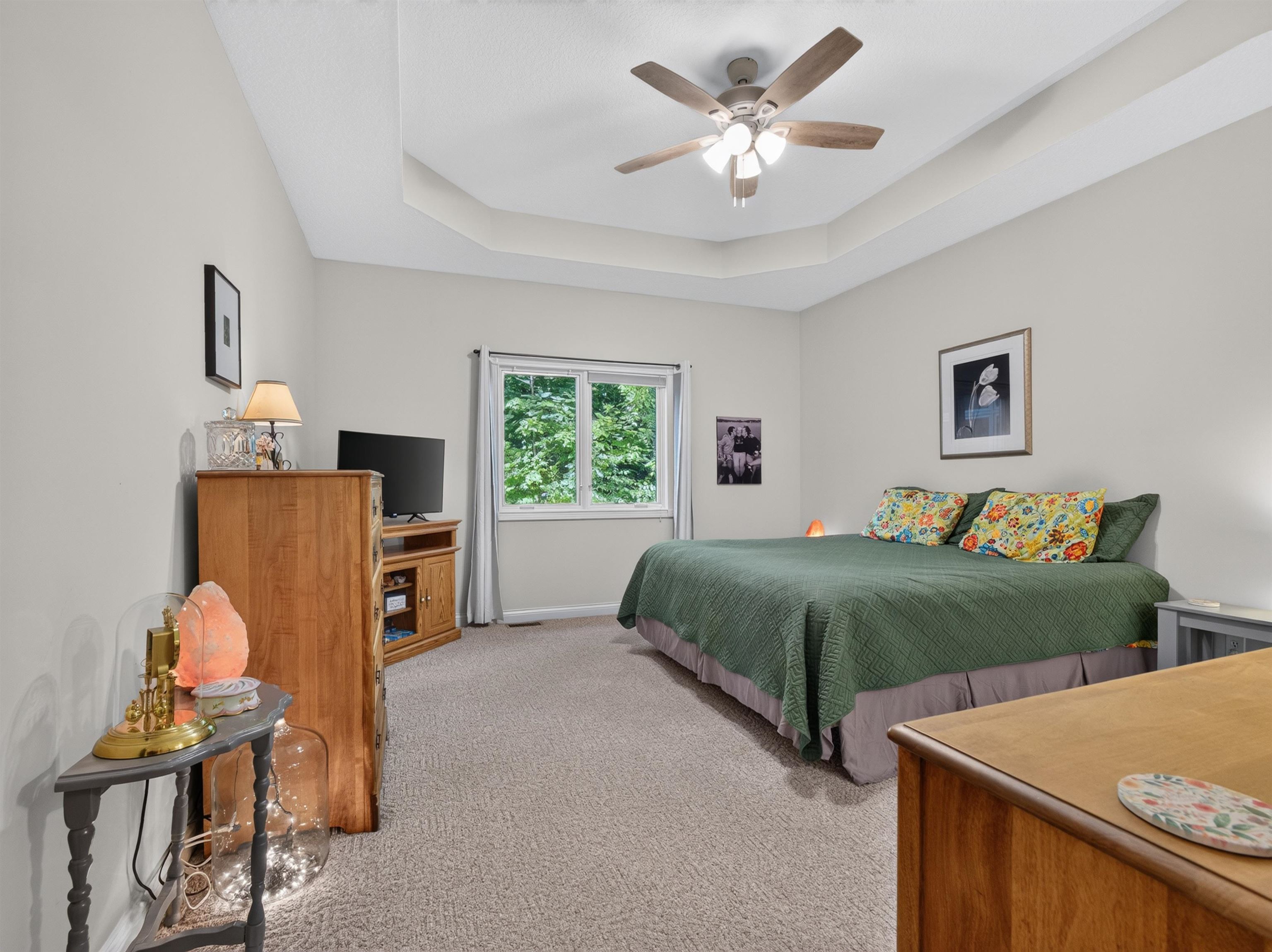 Spacious room featuring a tray ceiling with a ceiling fan, plush carpet flooring, and a large window overlooking natural surroundings