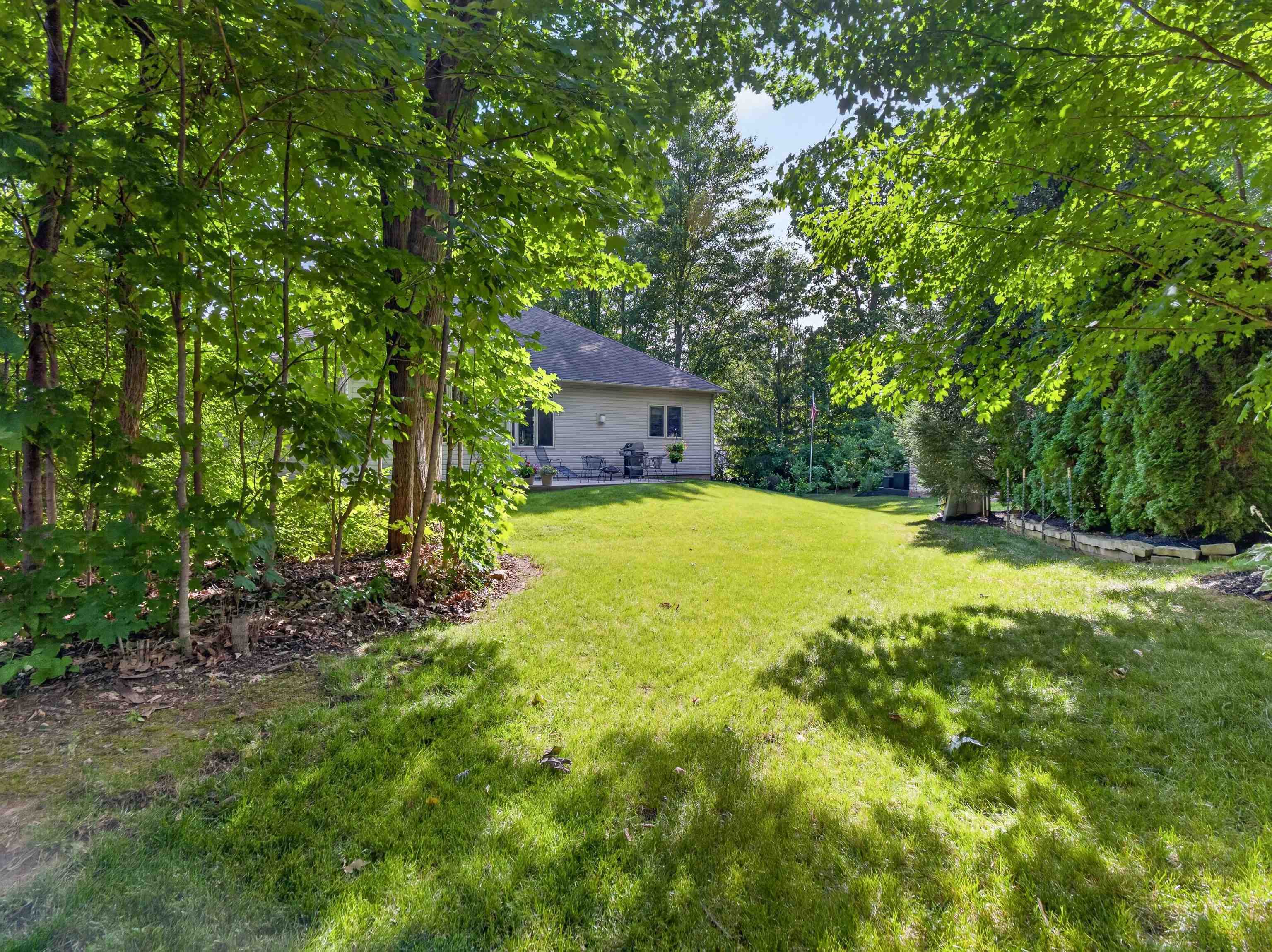 Expansive rear yard featuring a verdant lawn, mature deciduous trees, evergreen privacy plantings, and a rear patio