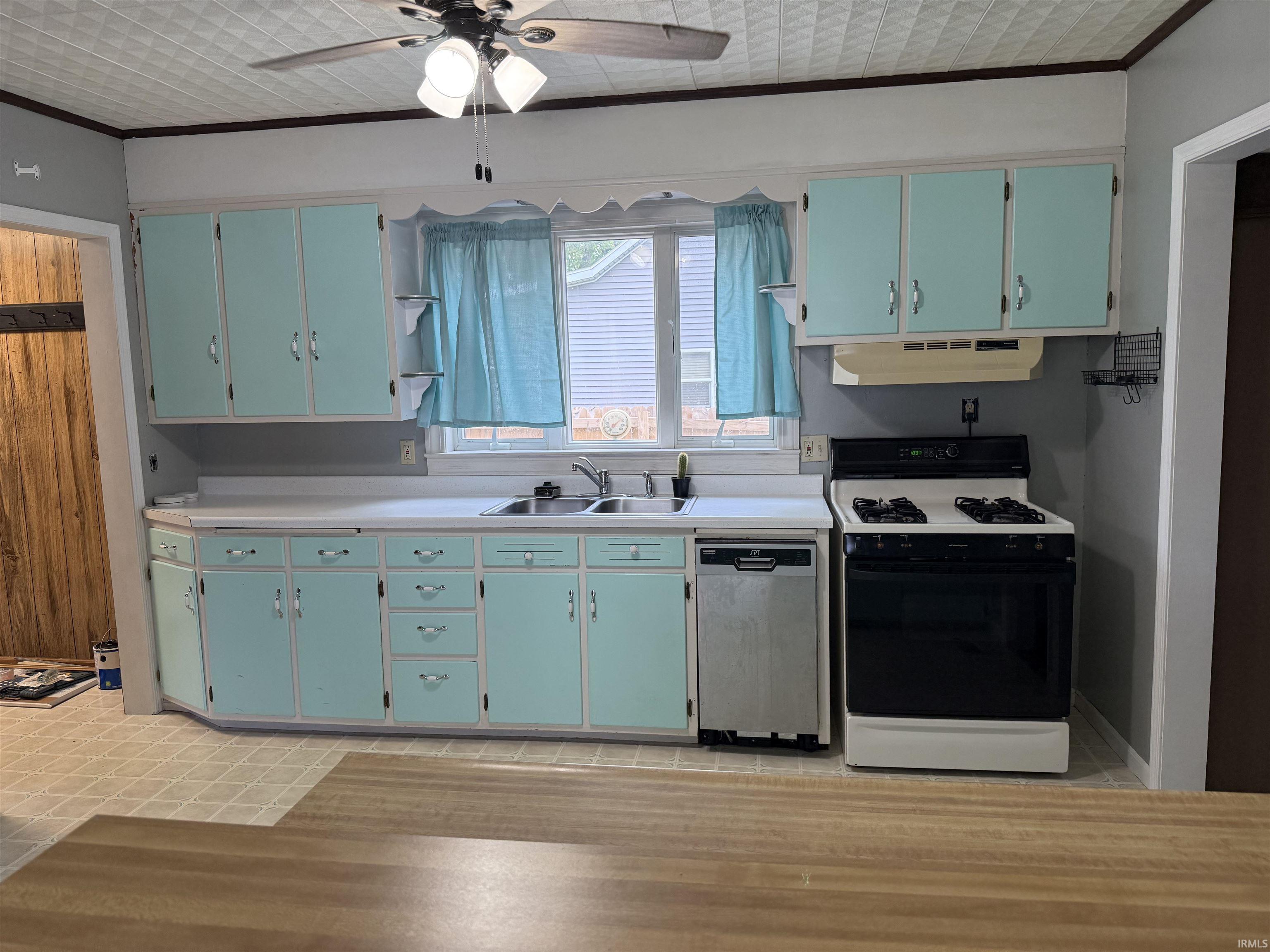 Kitchen featuring full perimeter cabinetry, a double basin stainless steel sink, built-in dishwasher, and a freestanding range with overhead ventilation