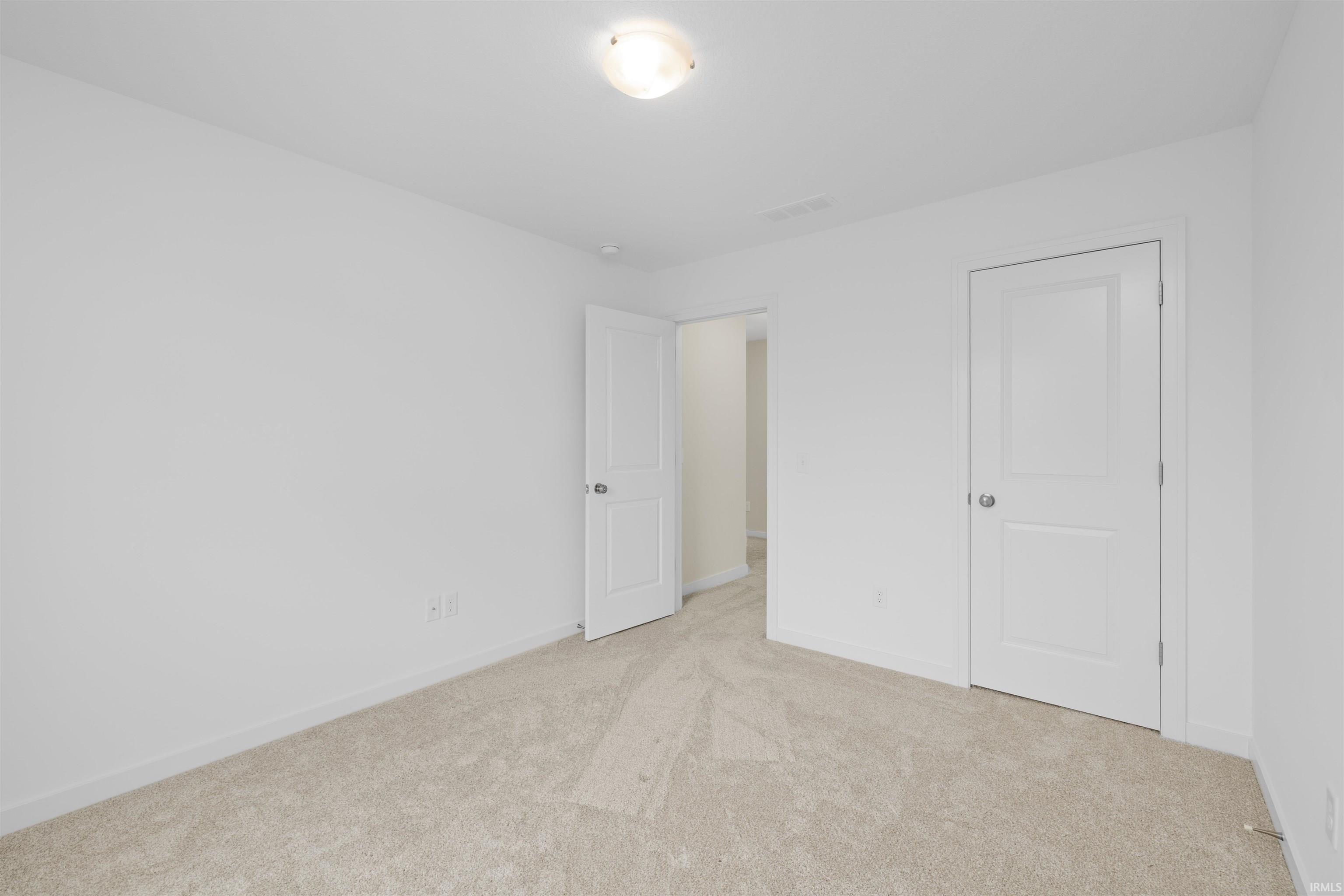 Neutral carpeted room featuring white walls, a flush-mount ceiling light, and two white paneled doors