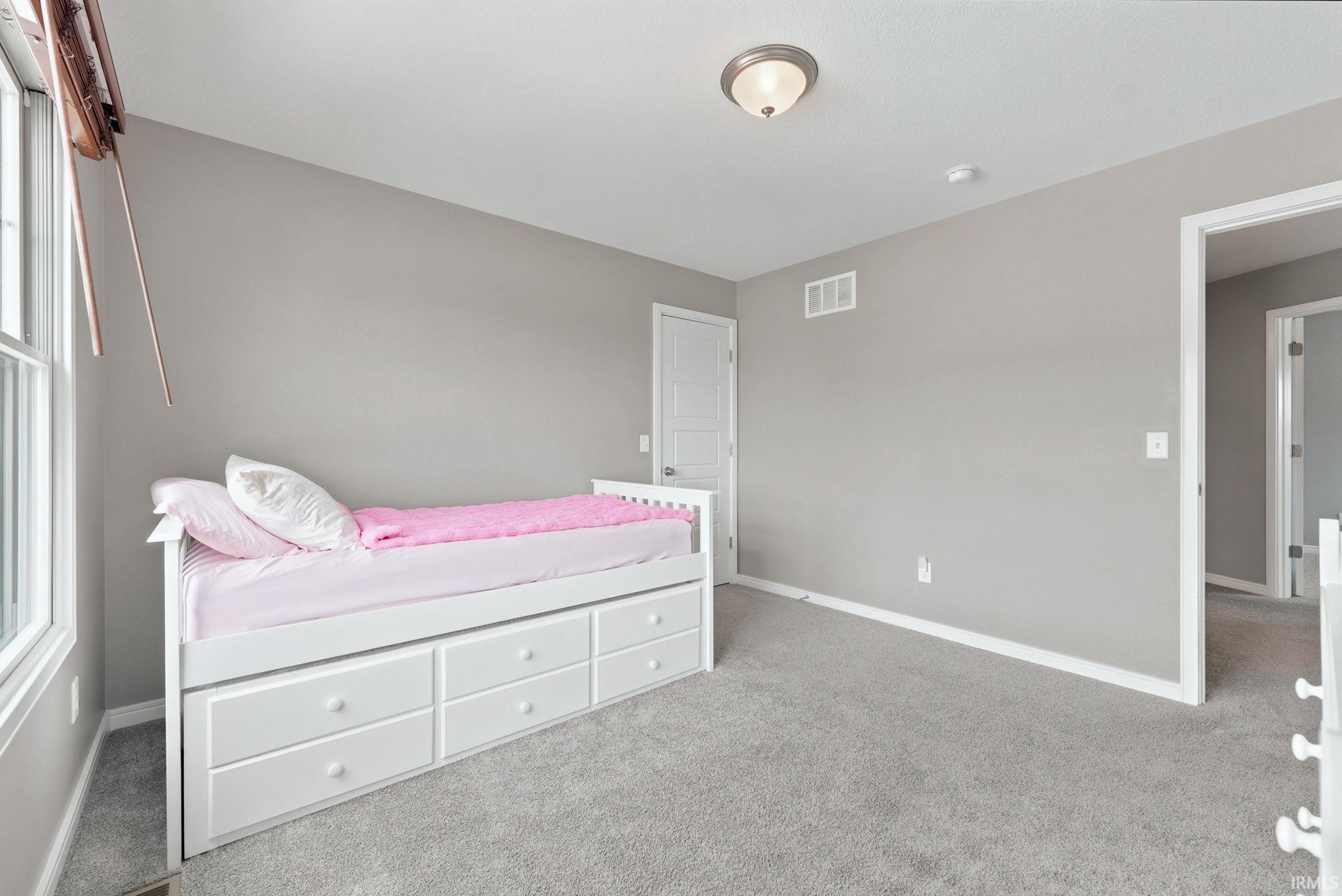 Spacious room featuring light gray walls, plush gray carpeting, a multi-pane window, white baseboards, and a semi-flush mount ceiling light fixture