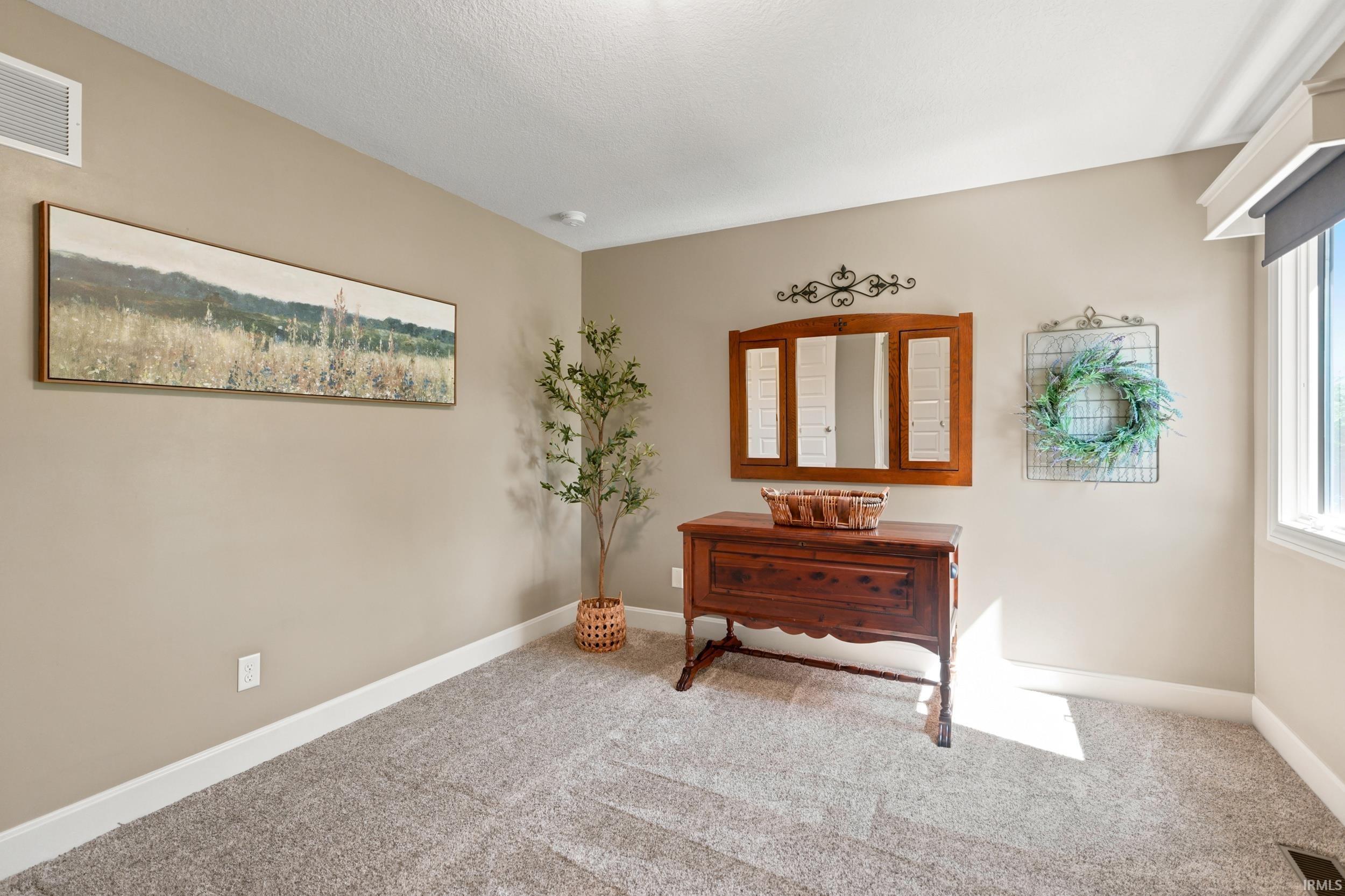 Carpeted room with neutral wall paint and white trim