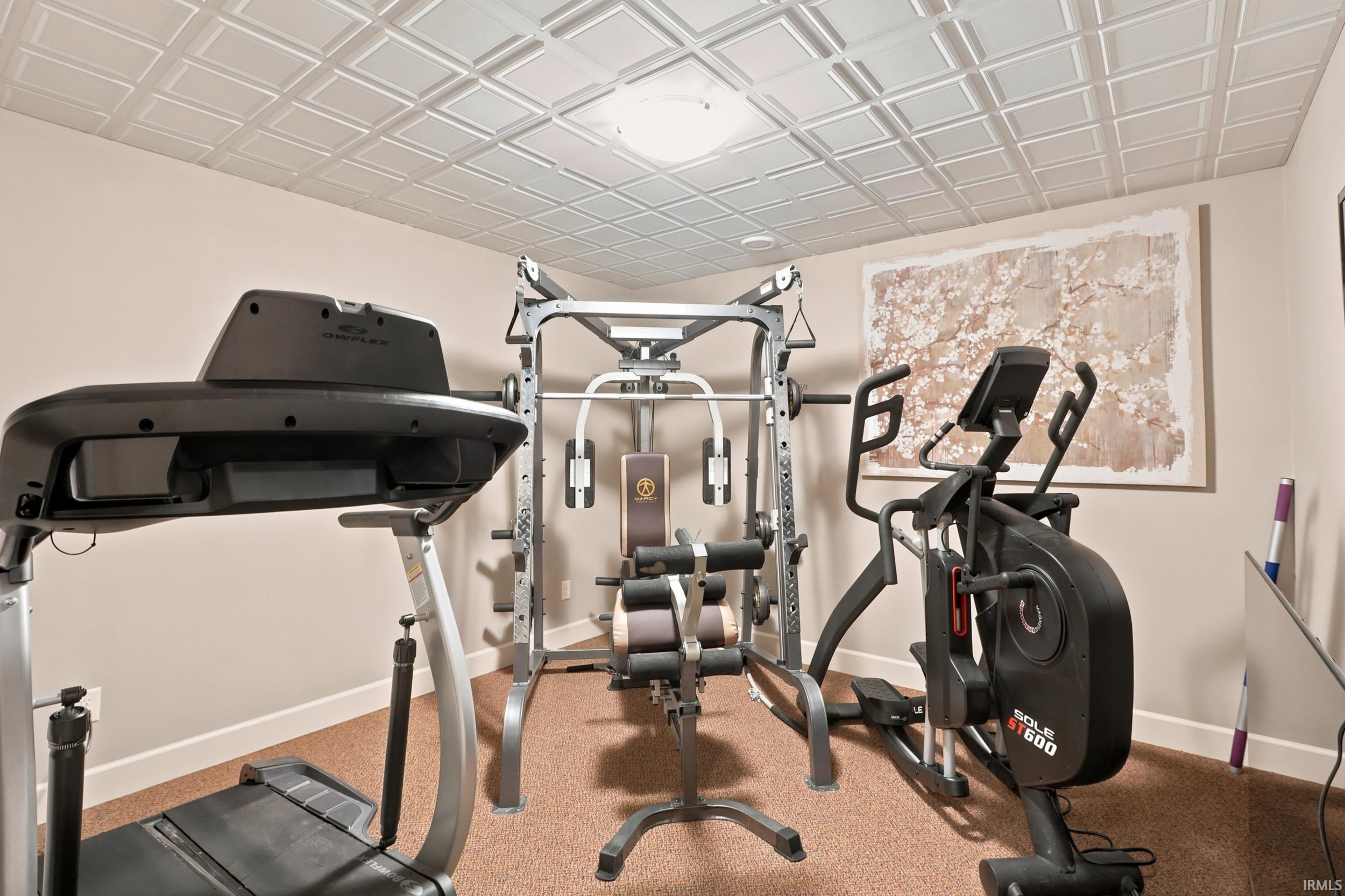 Dedicated fitness room featuring a textured ceiling, neutral wall tones, and carpet flooring