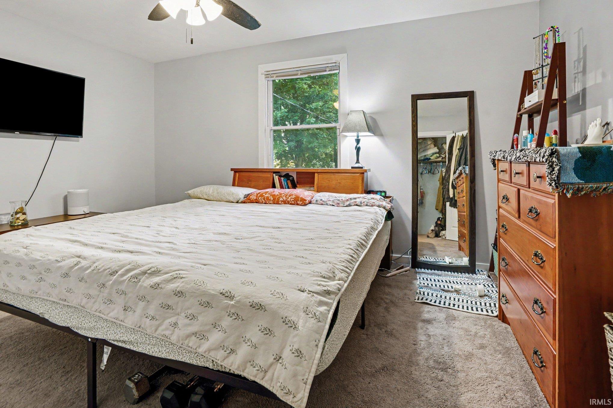 Carpeted bedroom featuring a ceiling fan, a window with natural light, and light gray wall paint