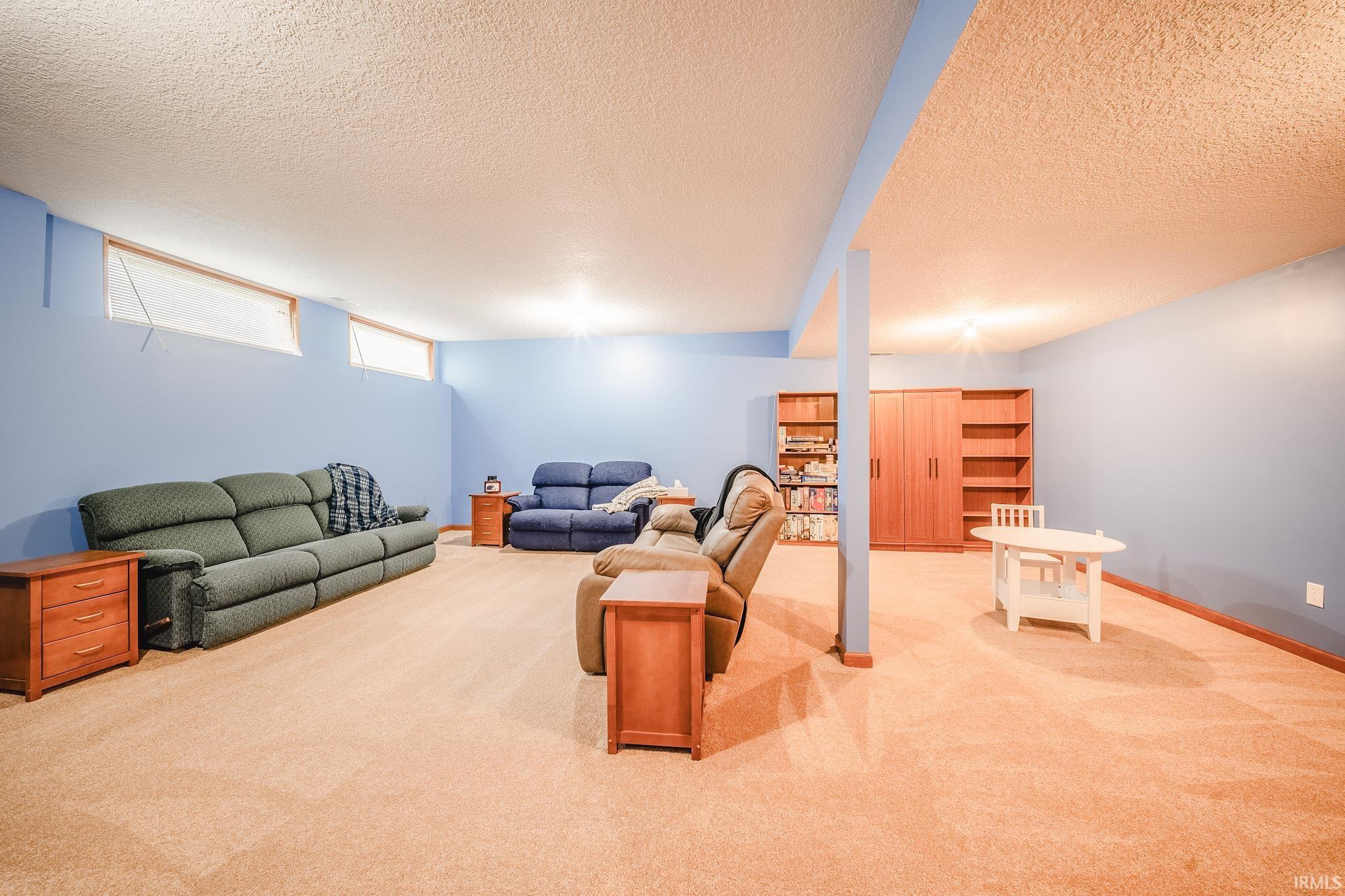 Spacious room featuring light blue walls, tan carpeting, and multiple built-in shelving units