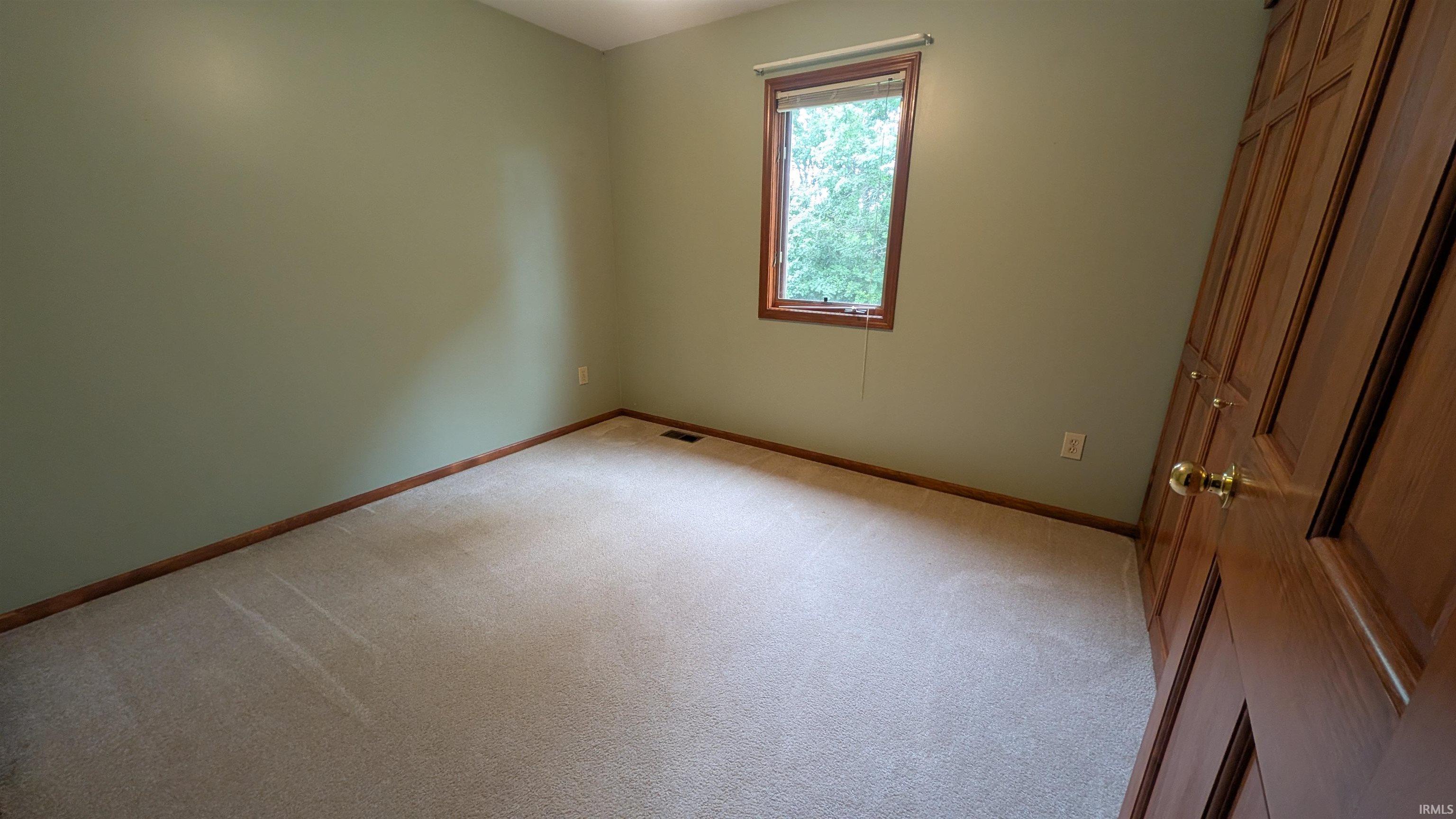 Carpeted room featuring a single window with wood trim, light green walls, and a wood-paneled door