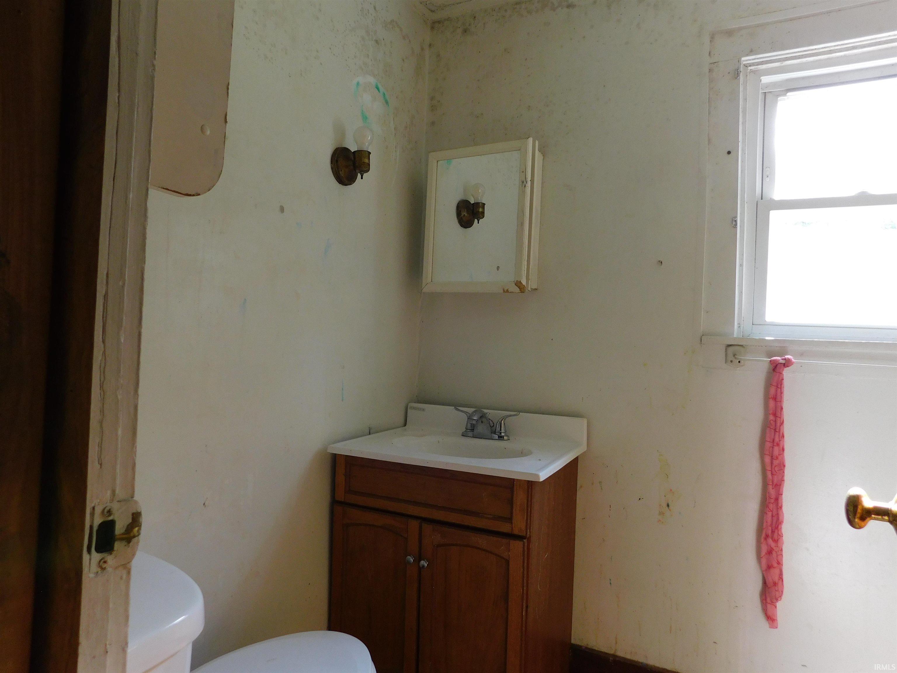 Bathroom featuring a single window, a wall-mounted medicine cabinet, and a wooden vanity with an integrated sink