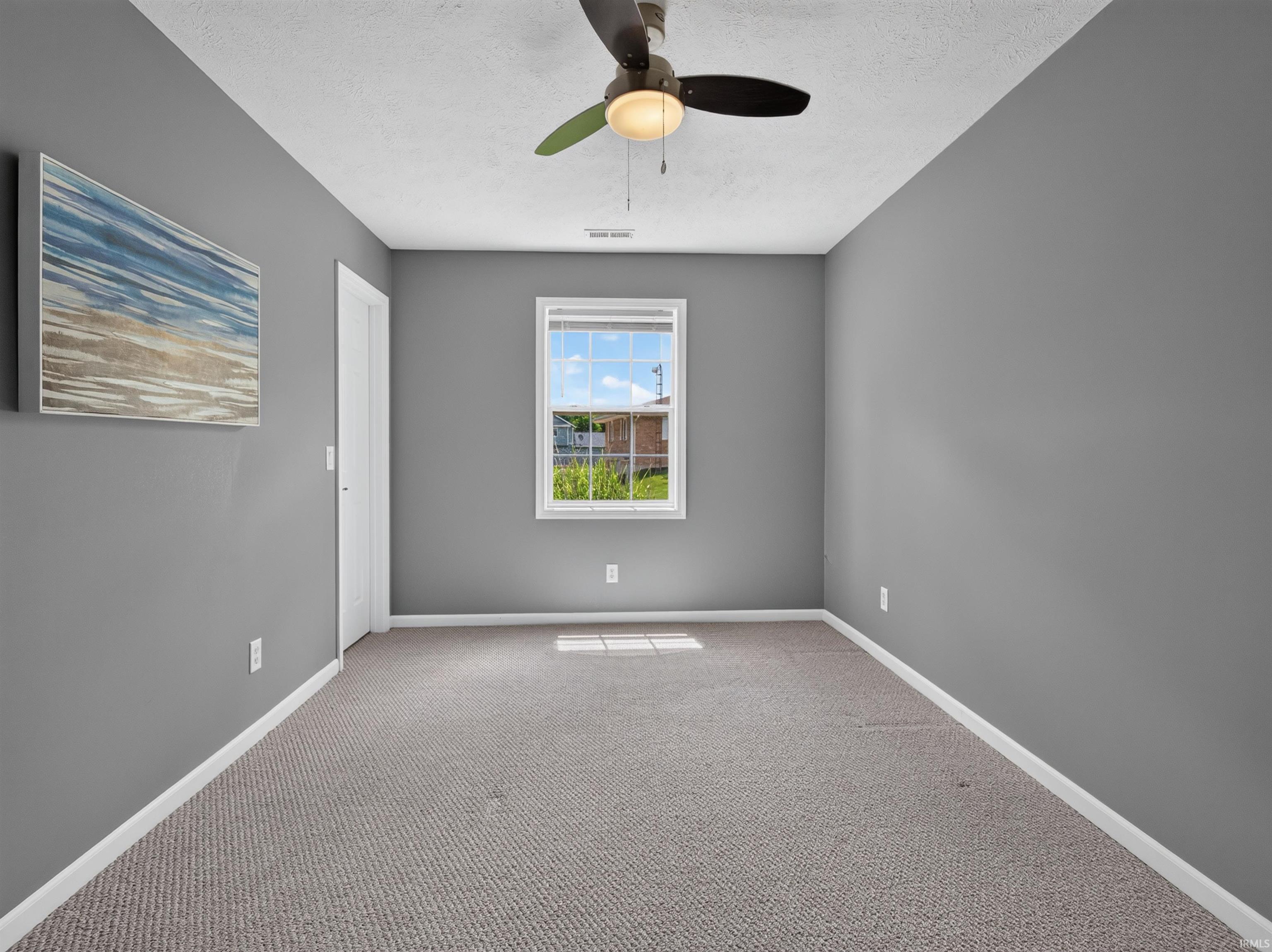 Carpeted room featuring neutral gray walls and white trim
