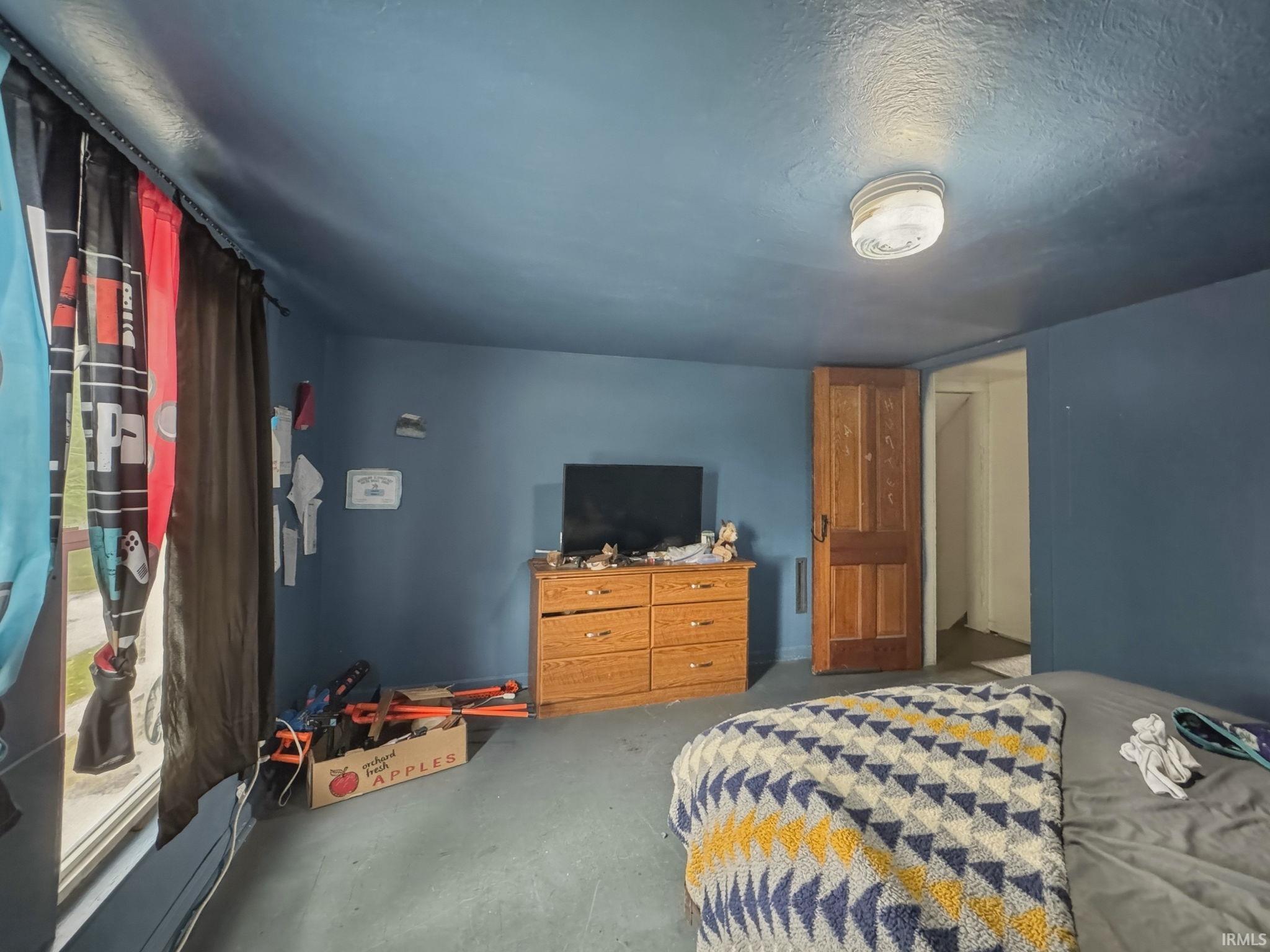 Interior room with blue walls, a blue ceiling, and gray carpeting