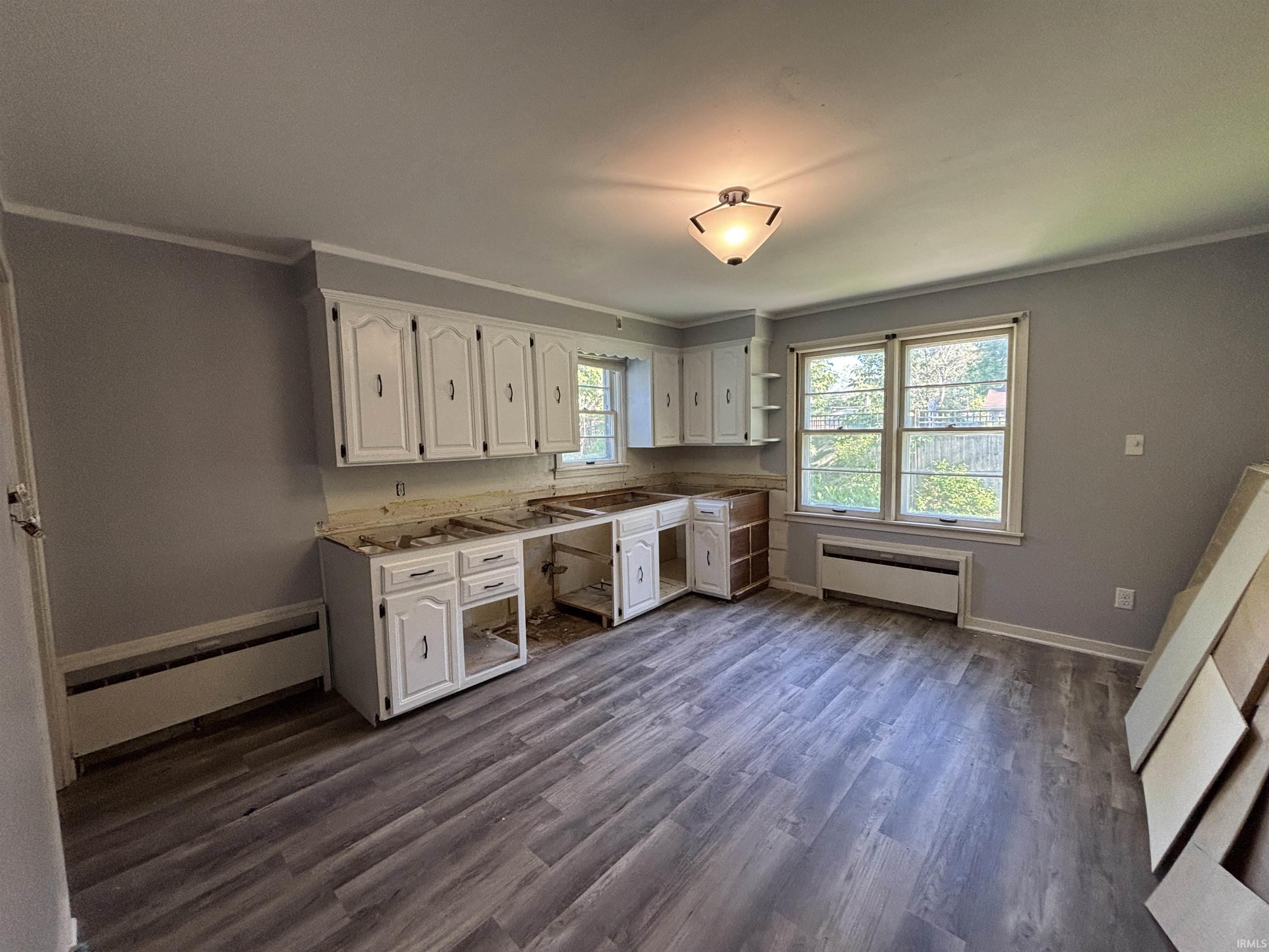 Kitchen space featuring wood-finish flooring, white cabinetry, and a ceiling-mounted light fixture