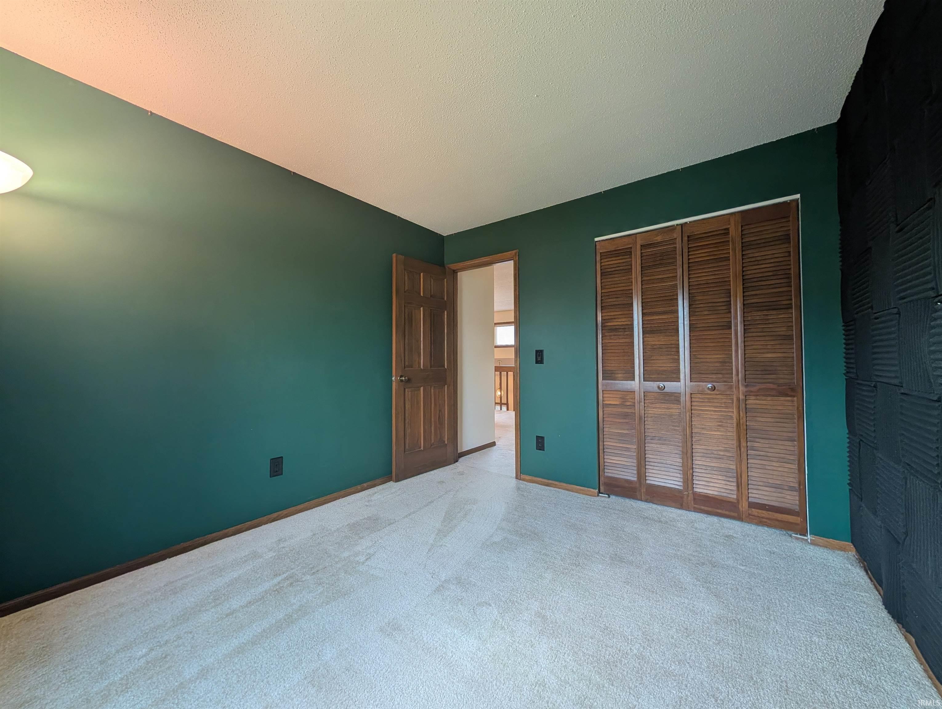 Carpeted interior space featuring a dark green accent wall, a louvered bi-fold closet, a wood-finish door, and a textured black wall panel