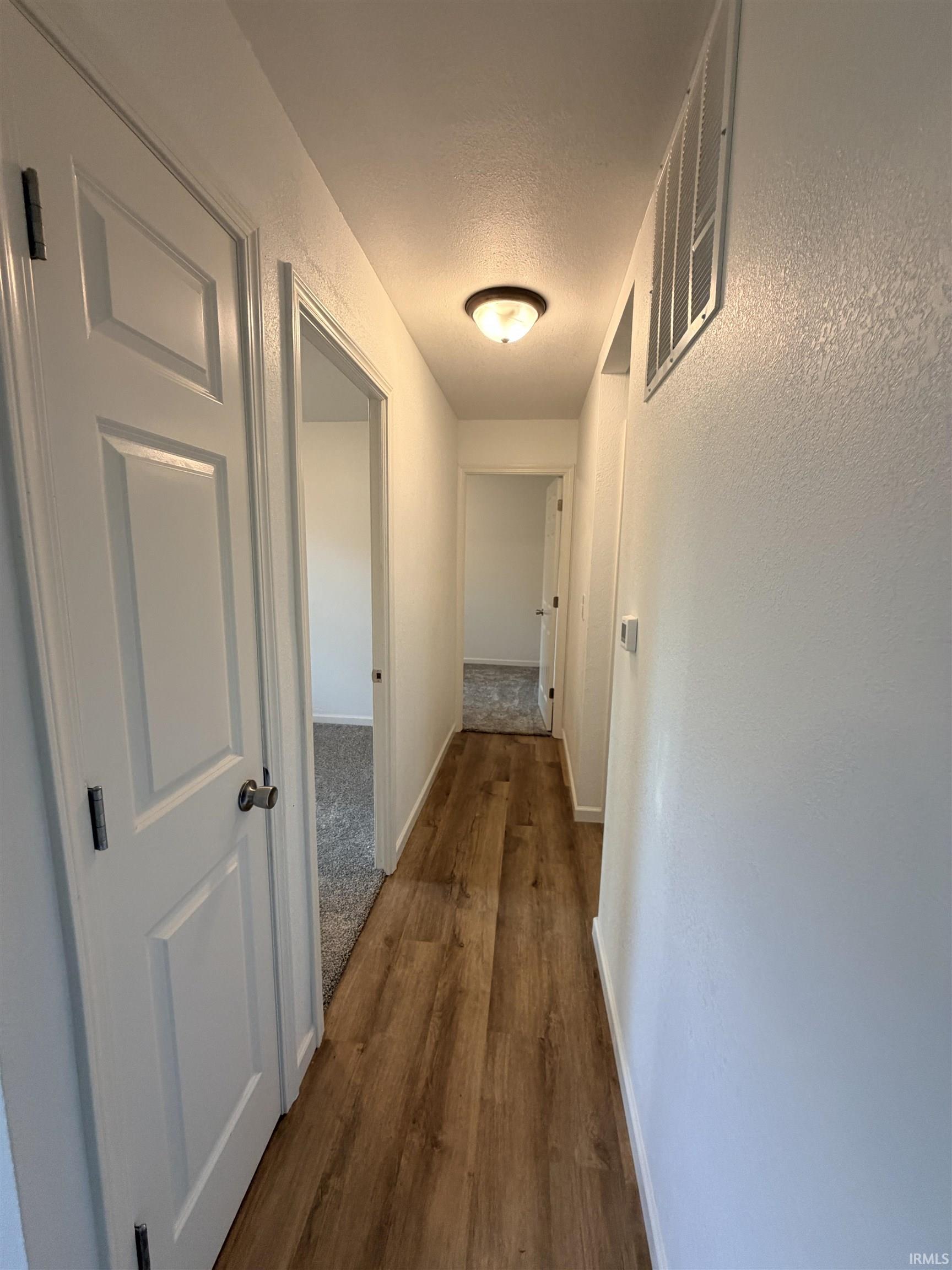 Hallway featuring wood-finish flooring, white paneled doors, and a ceiling-mounted light fixture