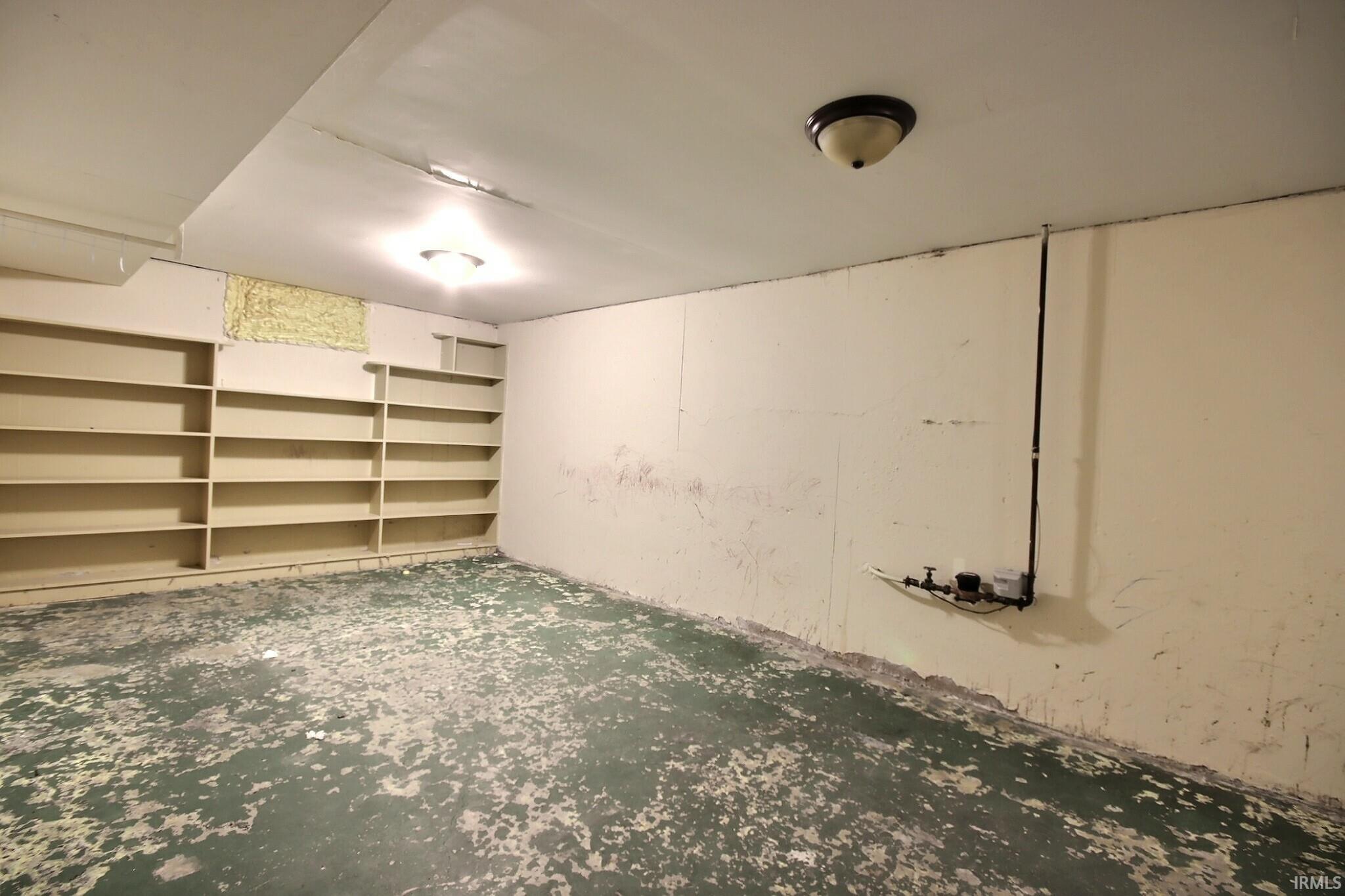 Spacious utility room featuring extensive built-in shelving, painted concrete flooring, and ceiling-mounted dome light fixtures