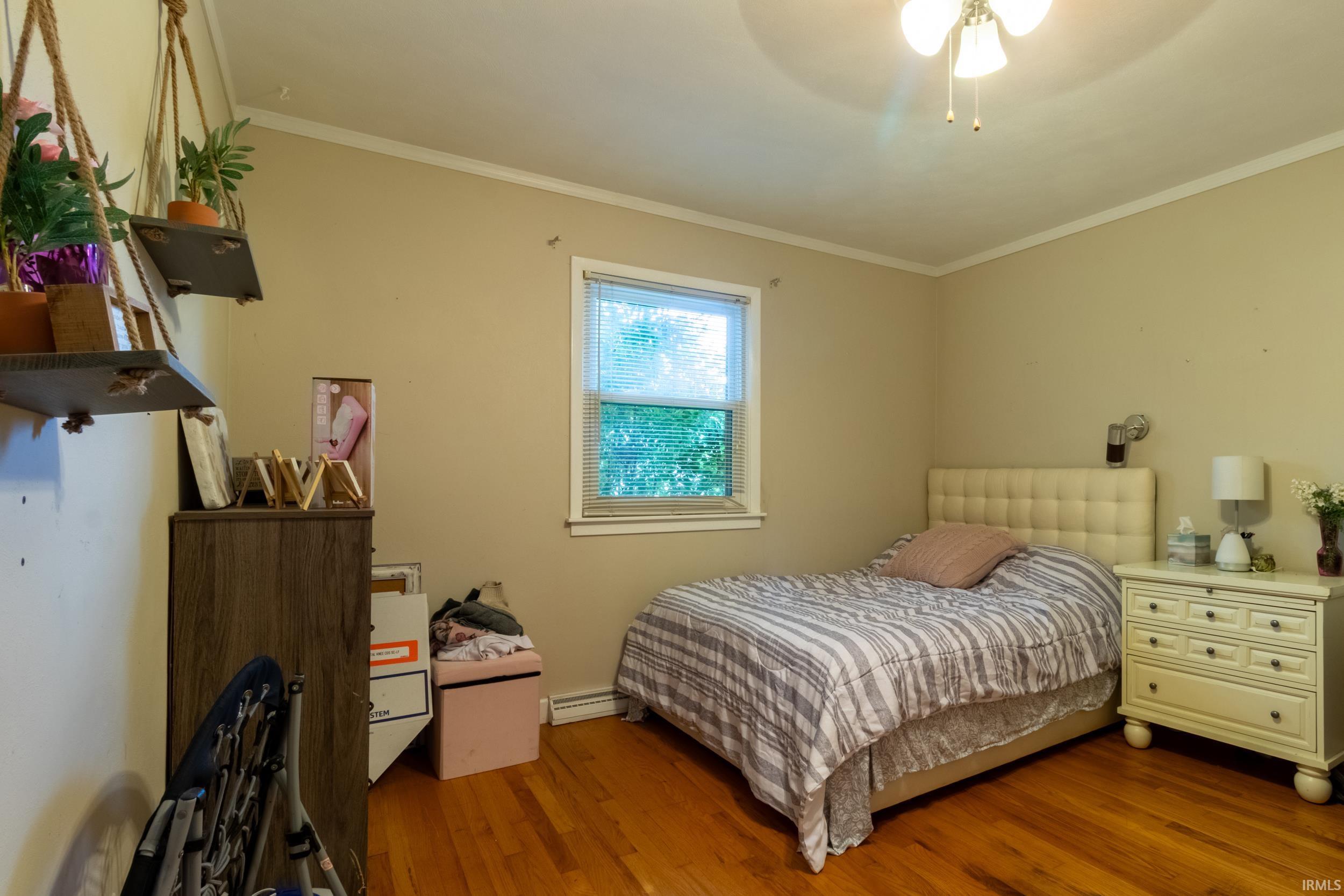 Hardwood flooring, single window, crown molding, and ceiling fan with light fixture