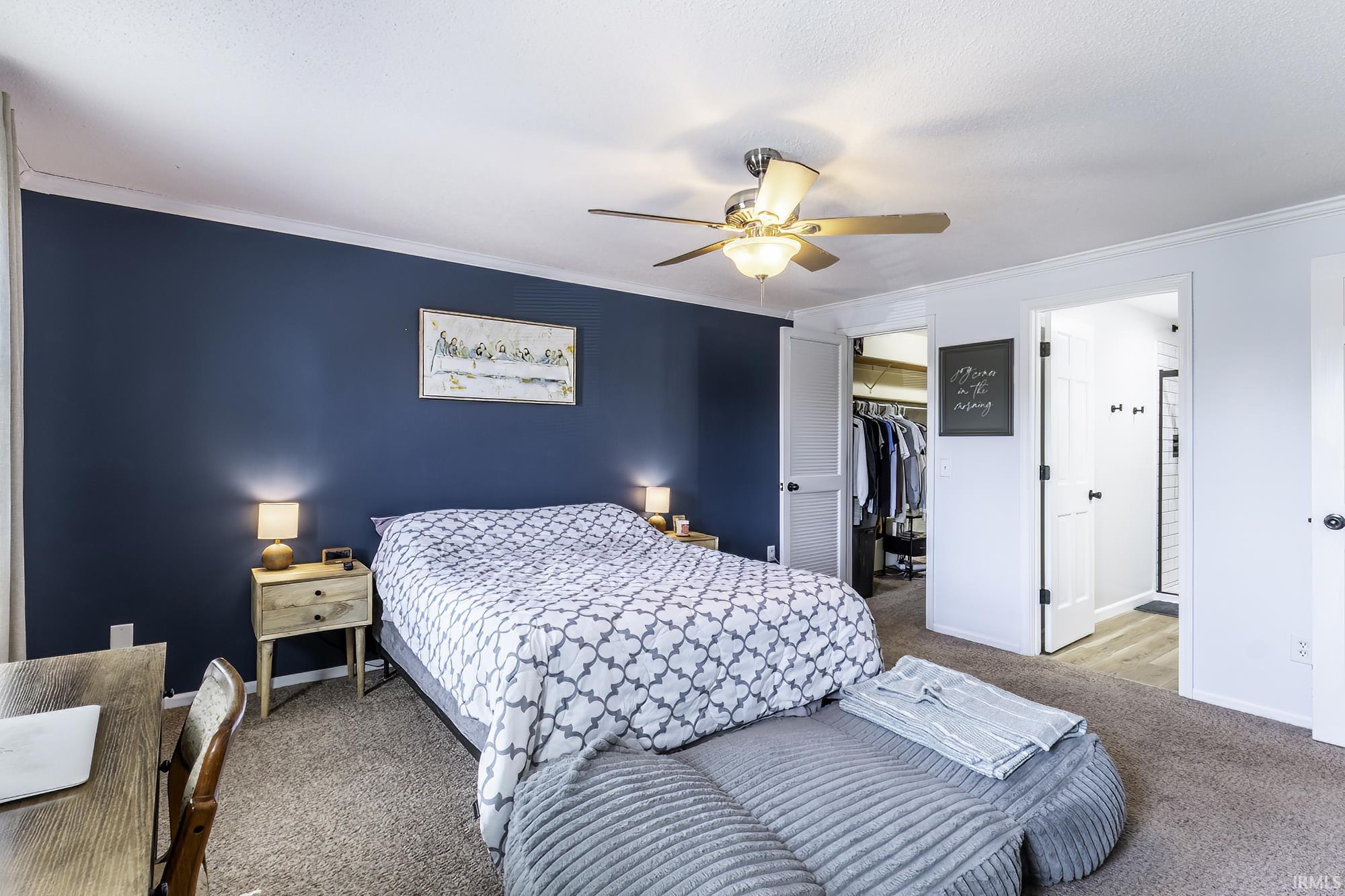 Bedroom featuring a dark accent wall, plush carpet flooring, and a ceiling fan