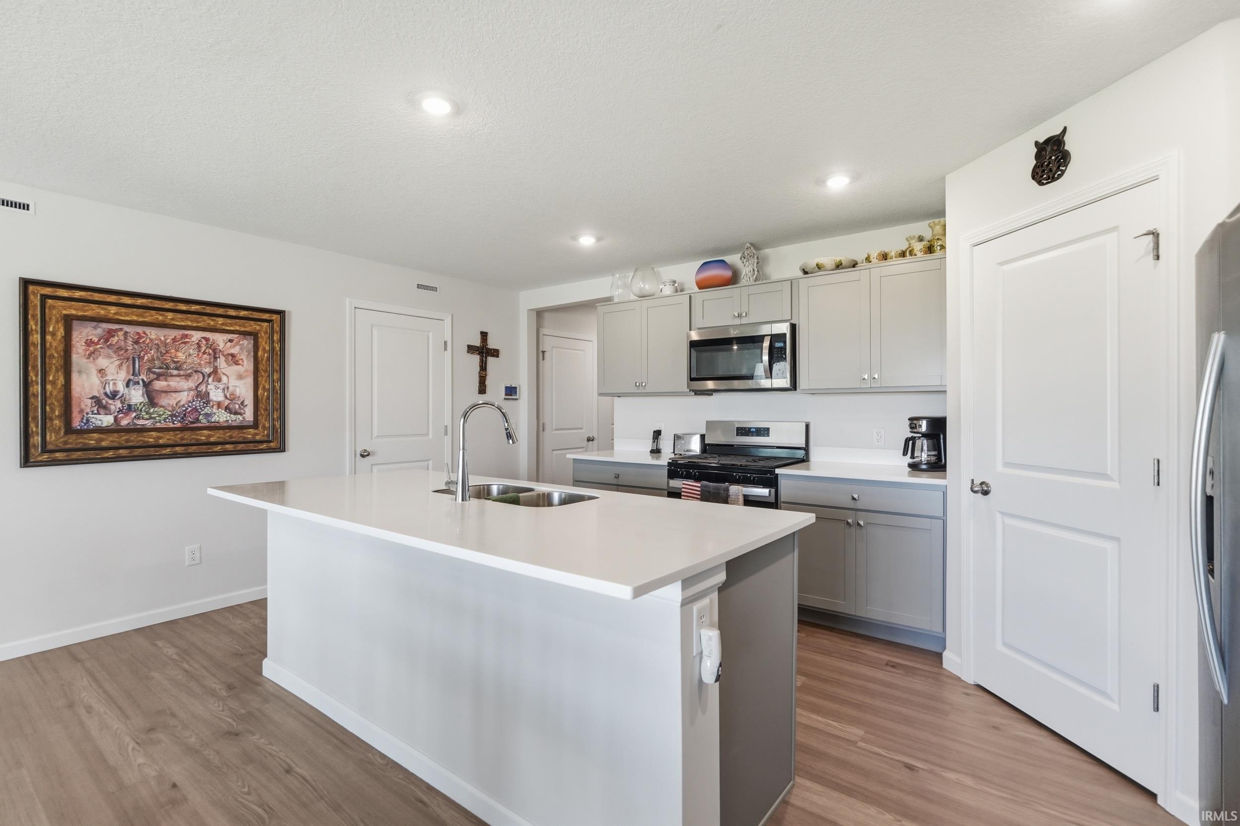 Contemporary kitchen featuring a spacious island with an undermount double-basin sink, light wood-finish flooring, recessed lighting, gray cabinetry, and stainless steel appliances