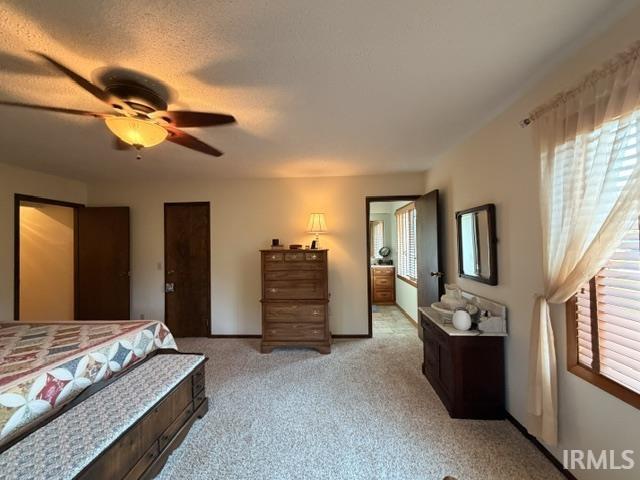 Carpeted interior room featuring a ceiling fan with integrated lighting, multiple wooden doors, and a window with blinds and drapes