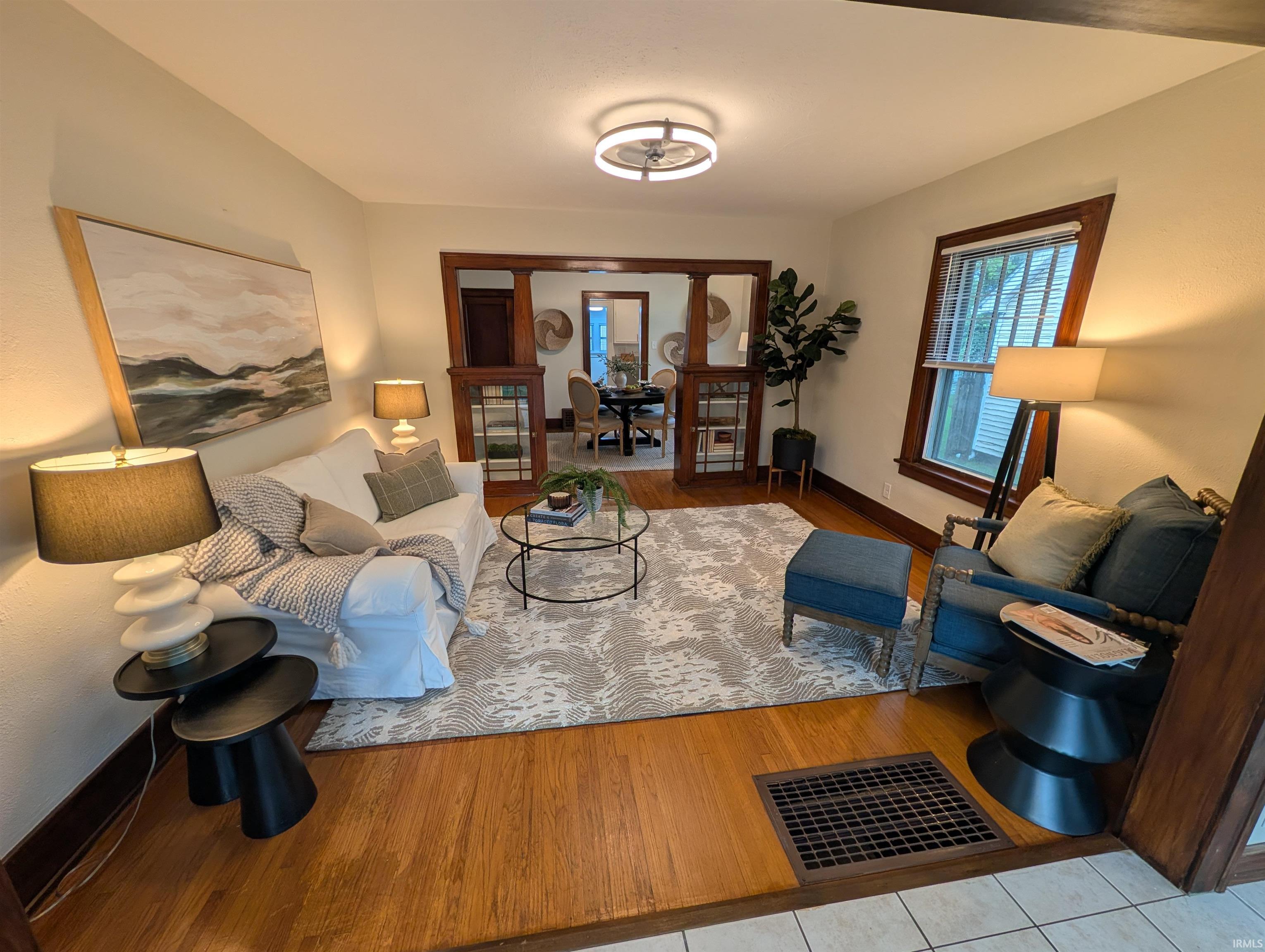 Hardwood flooring throughout the living space