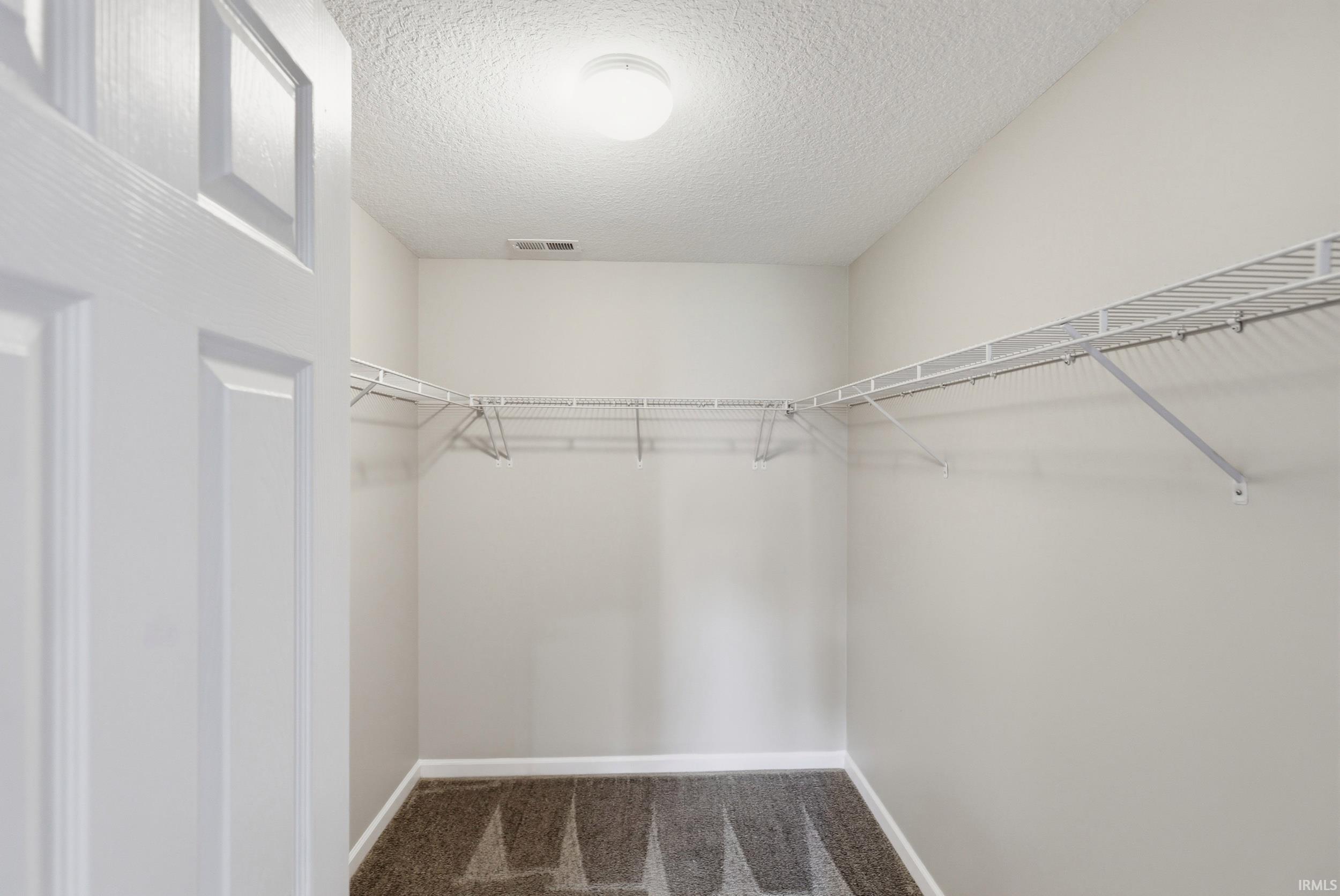 Spacious walk-in closet featuring wire shelving, carpeted flooring, and a flush-mount ceiling light