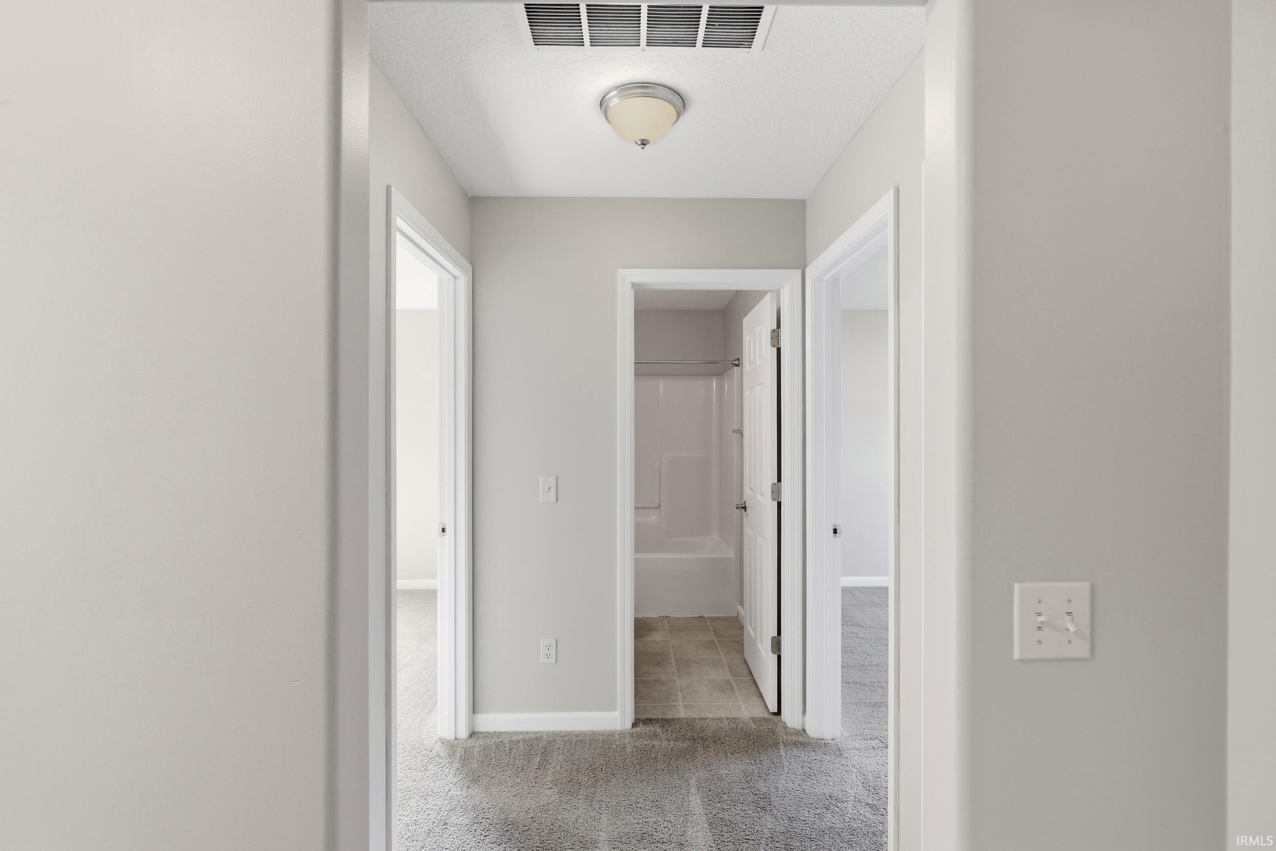 Central hallway featuring neutral wall paint, overhead flush-mount lighting, and grey carpeting