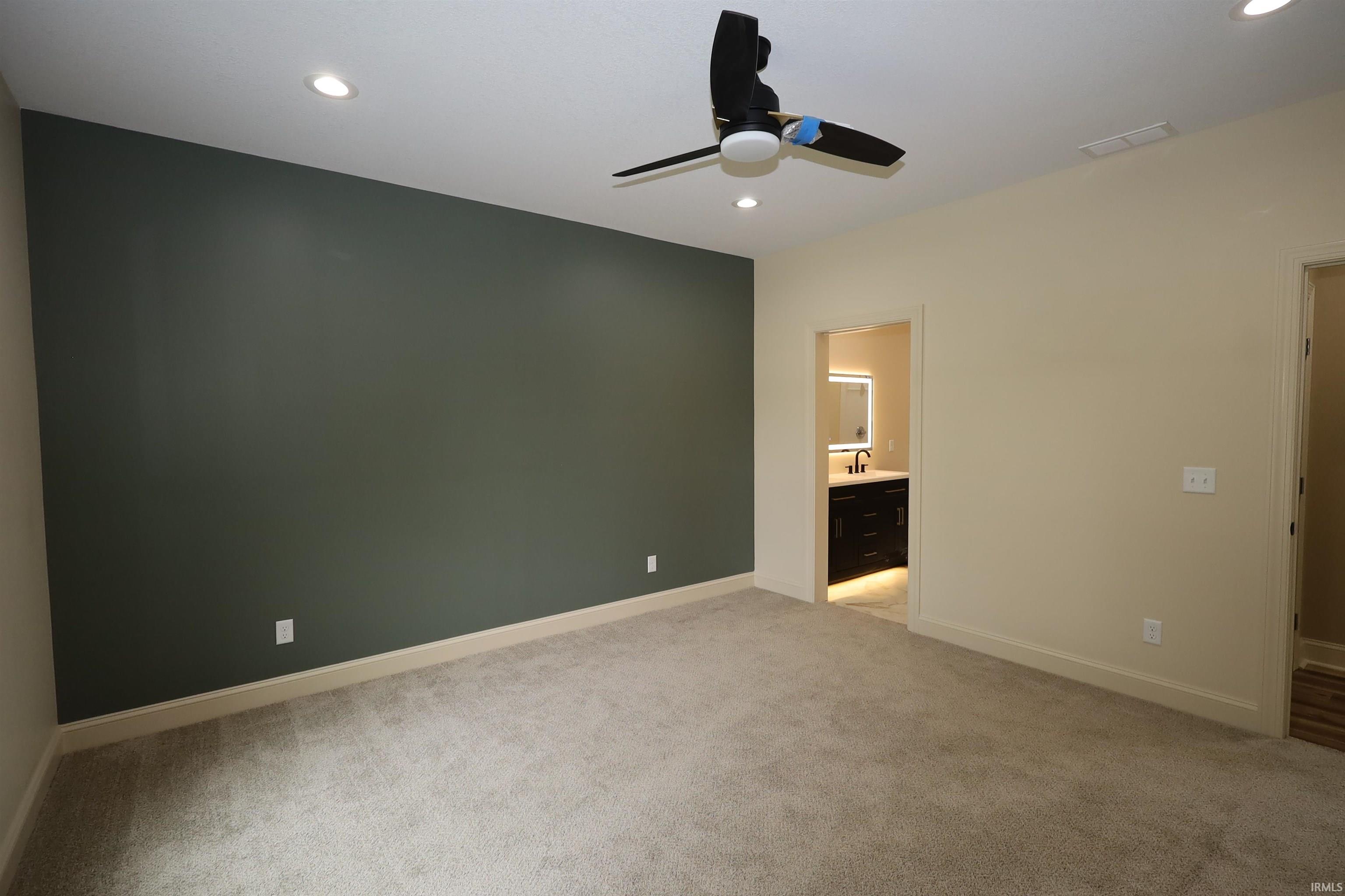 Plush carpeted room featuring a dark accent wall