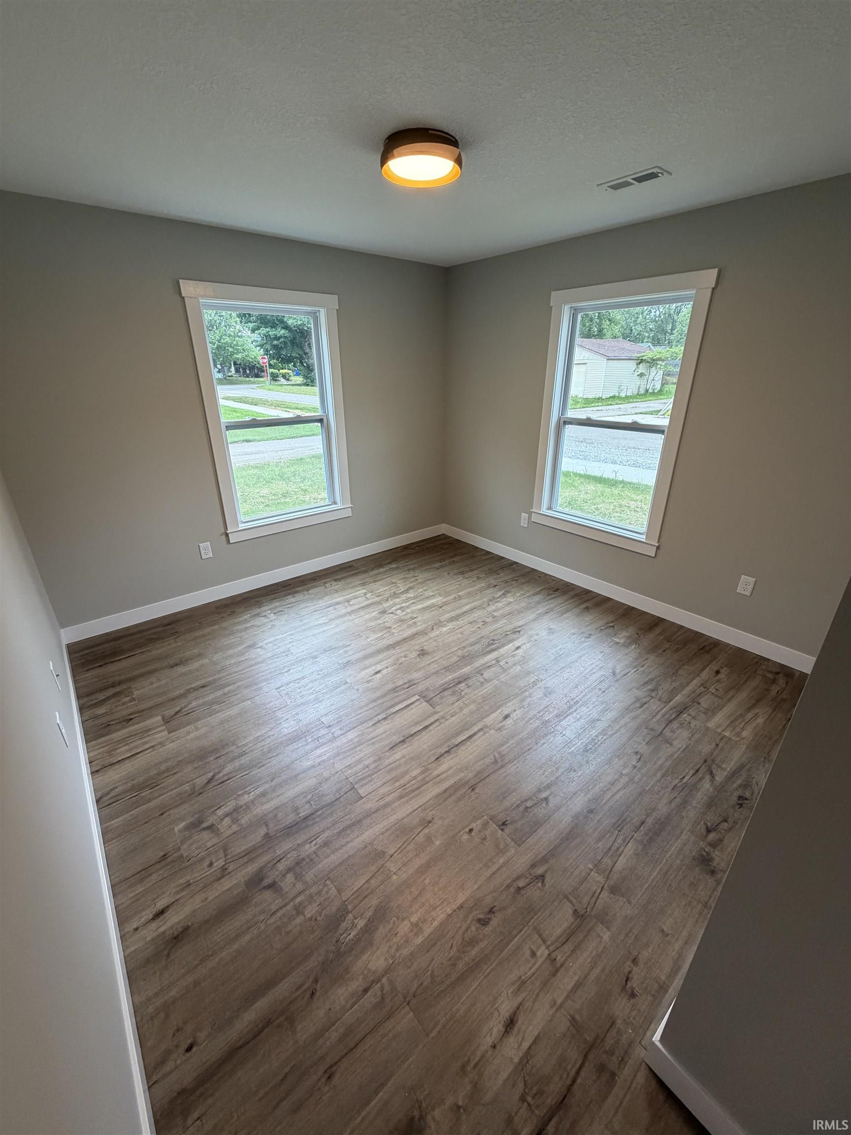 Neutral gray walls with white trim, wood-finish flooring, and a contemporary ceiling light fixture