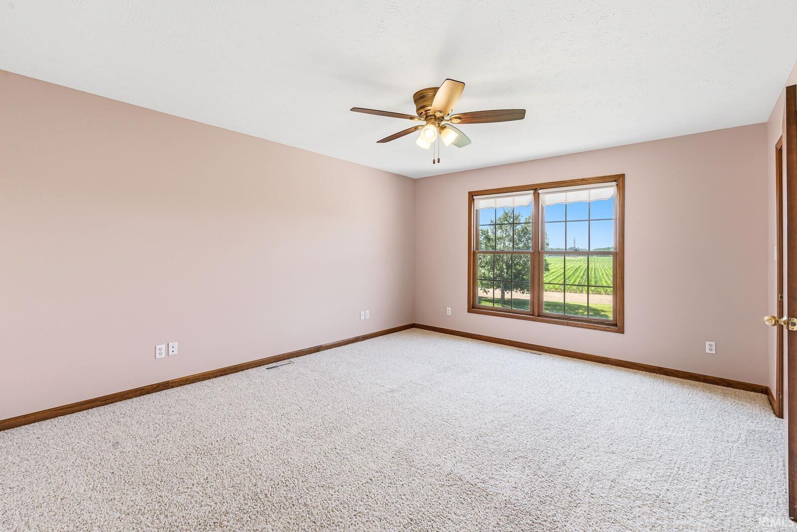 Carpeted room with a ceiling fan, a double window overlooking a field, and a wooden interior door