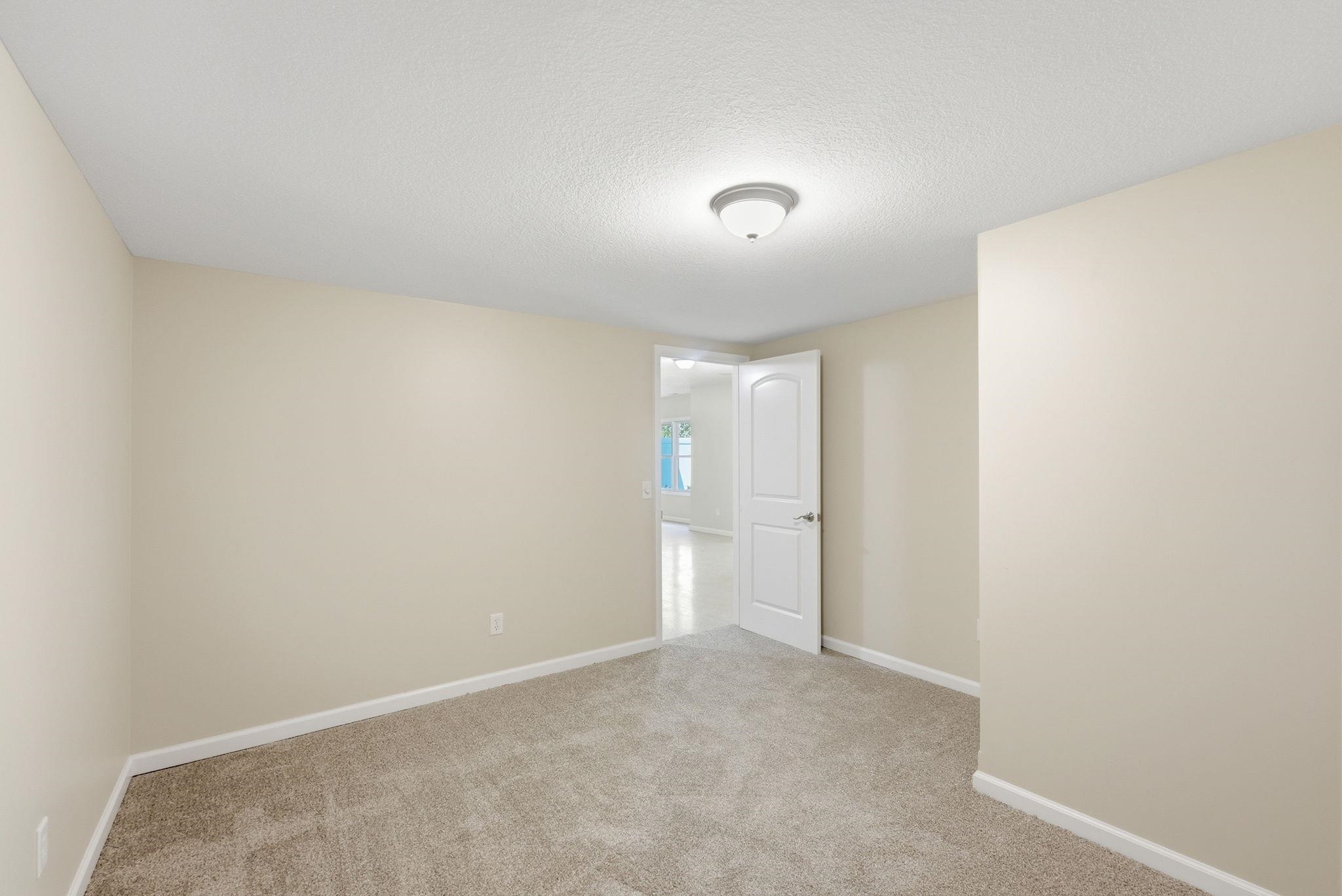 Carpeted room featuring neutral wall paint, white baseboards, a flush-mount ceiling light fixture, and a white interior door