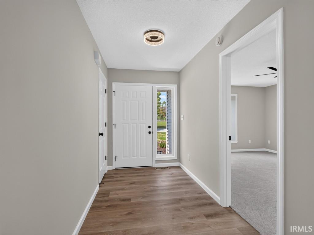 Entryway featuring wood-finish flooring, light gray wall paint, and a modern flush-mount ceiling light