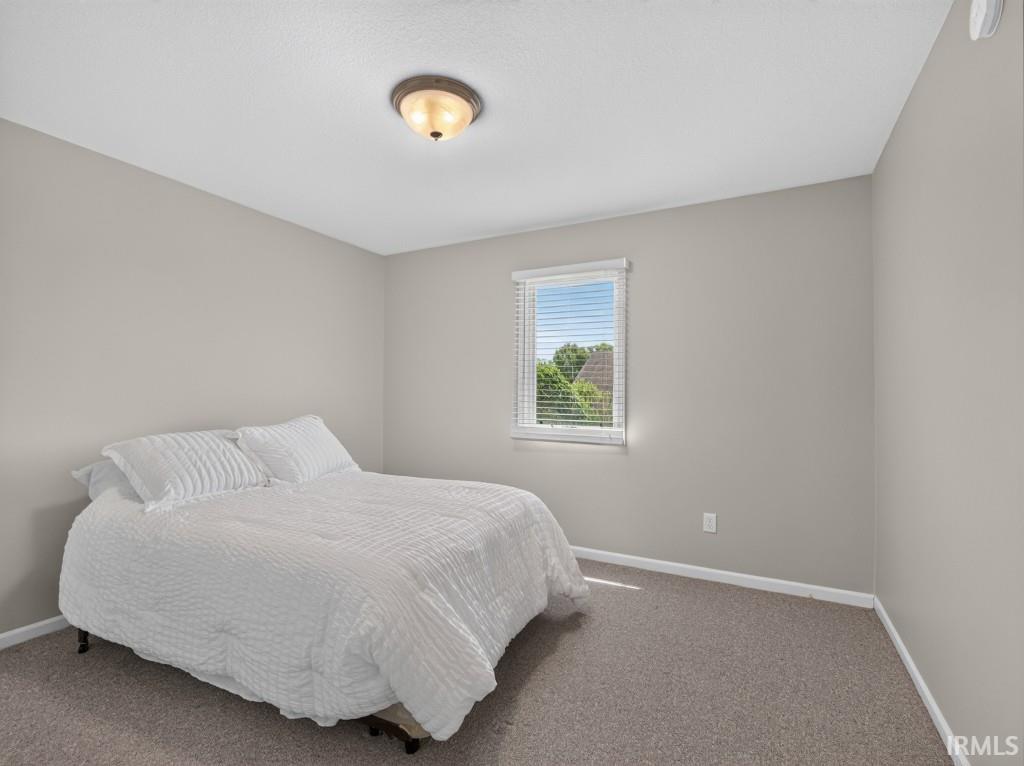 Neutral-toned walls complement the textured gray carpet flooring