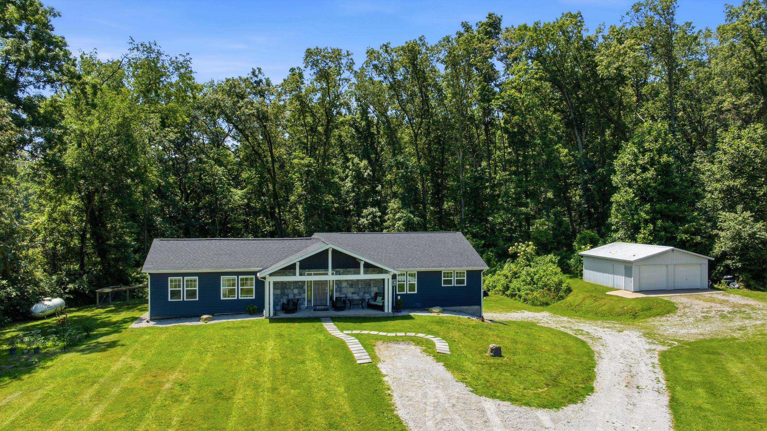 Contemporary ranch-style home featuring blue siding, white trim, and a dark shingle roof